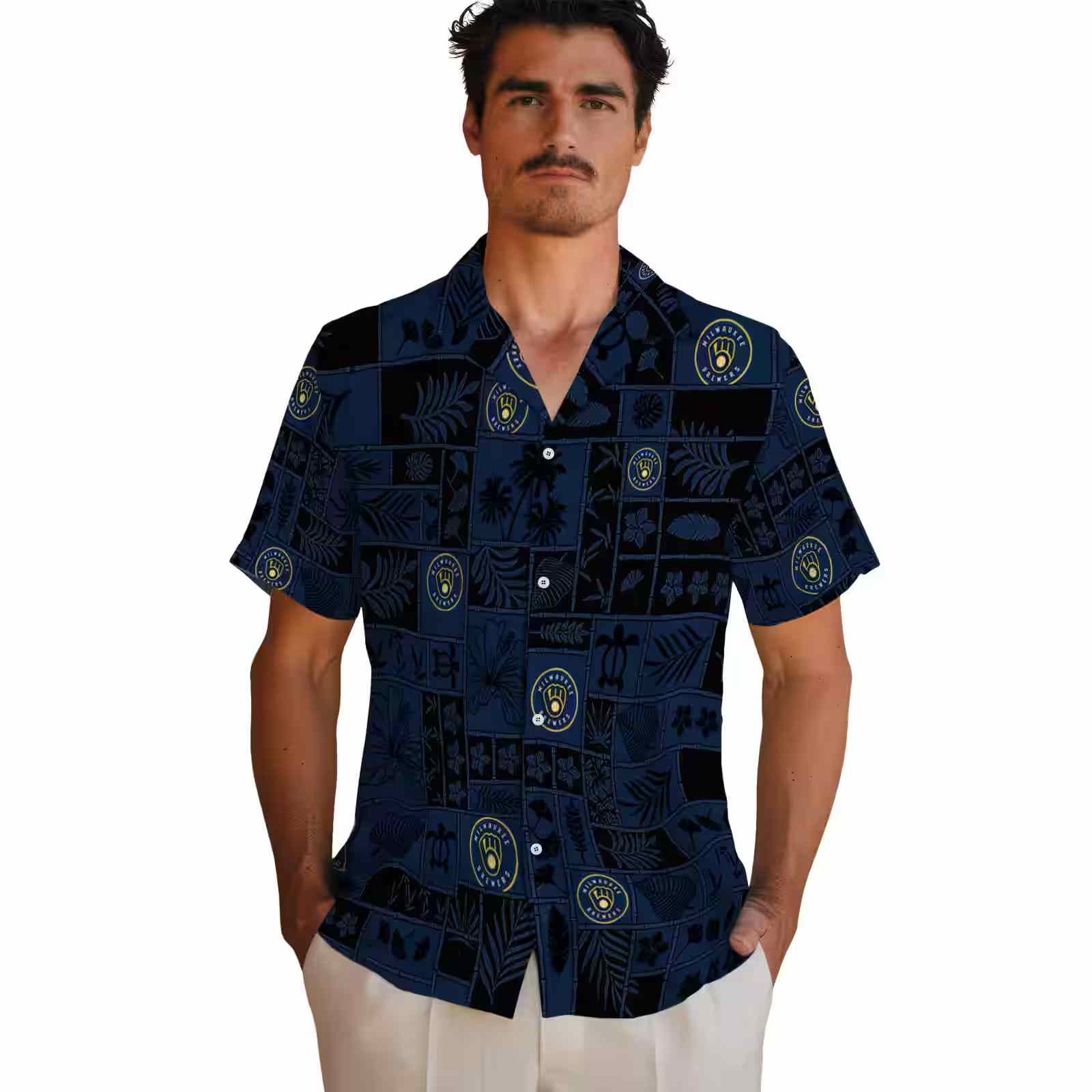 milwaukee brewers tropical patchwork navy blue black hawaiian shirt fashion forward