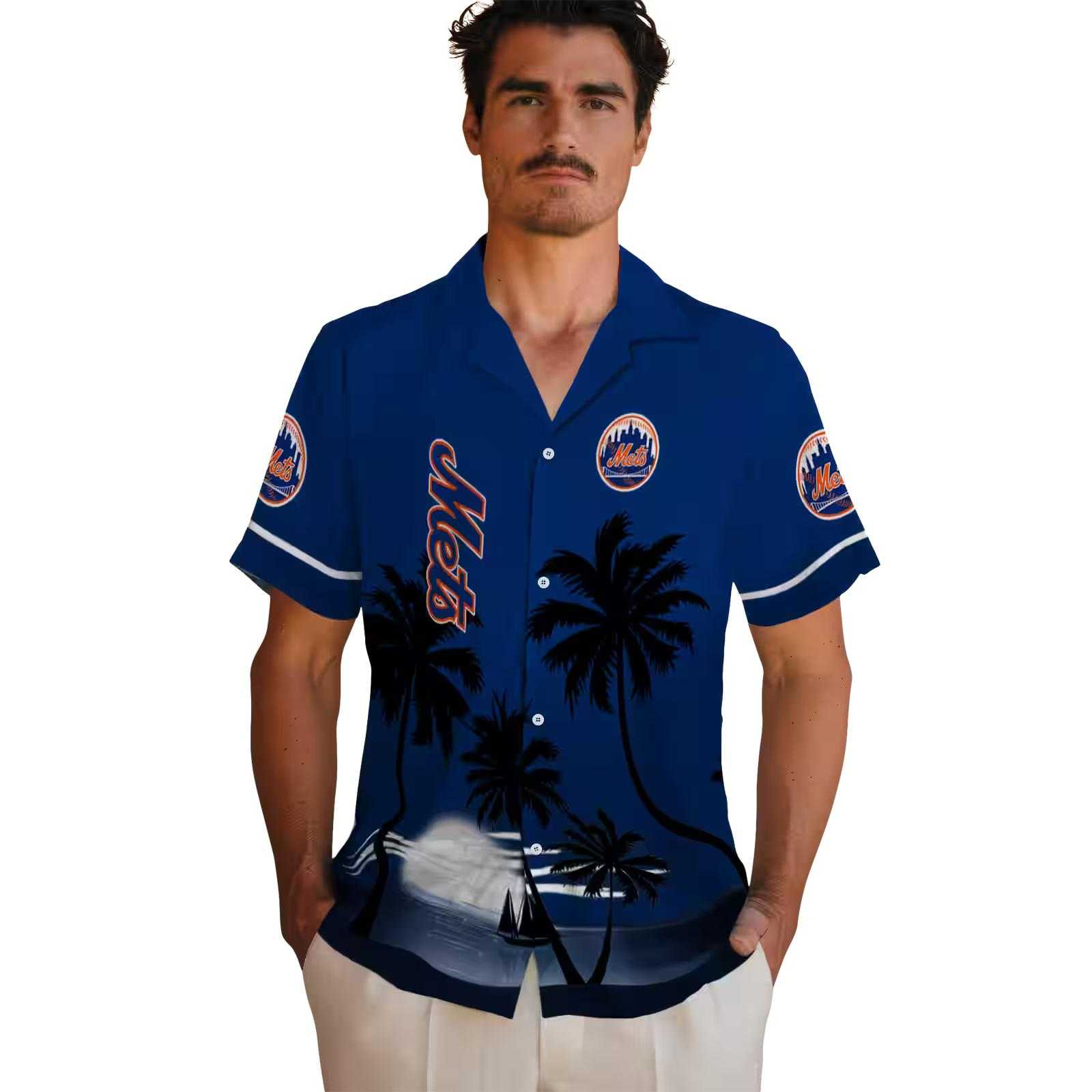 new york mets beach sunset blue black hawaiian shirt fashion forward