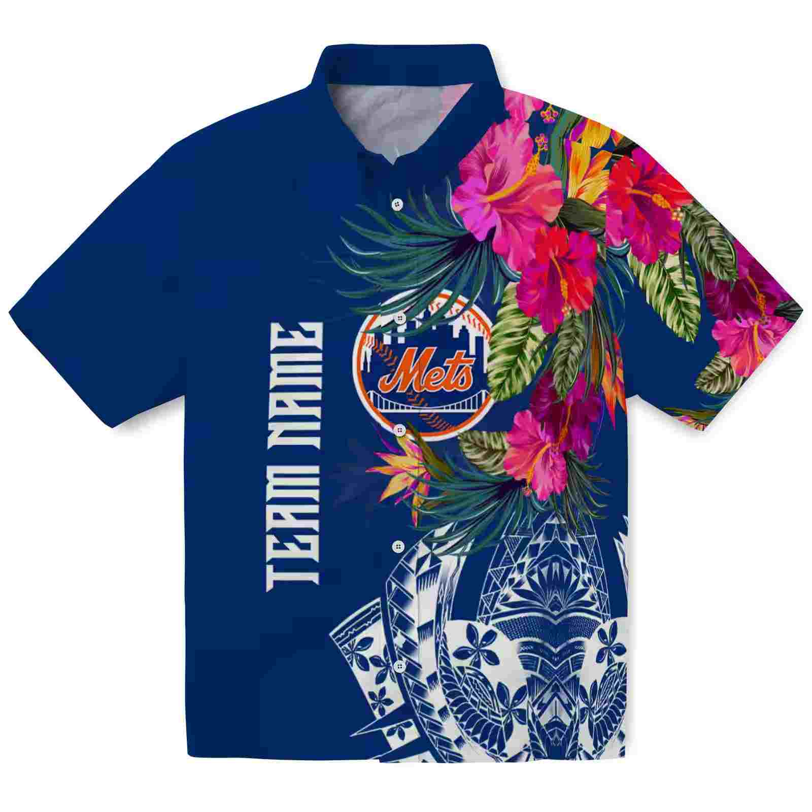 New York Mets Floral Polynesian Blue Hawaiian Shirt