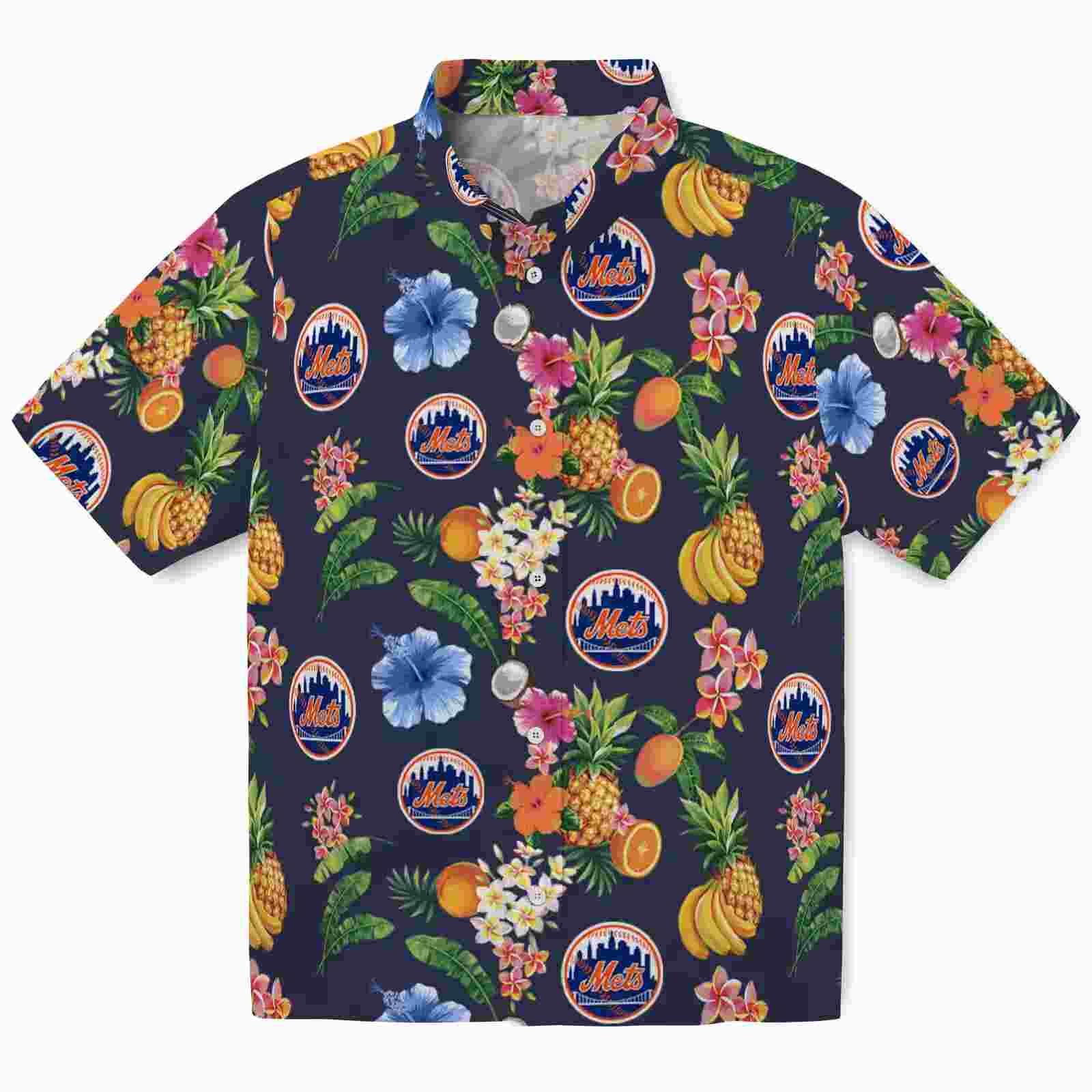 New York Mets Hibiscus And Fruit Navy Blue Hawaiian Shirt