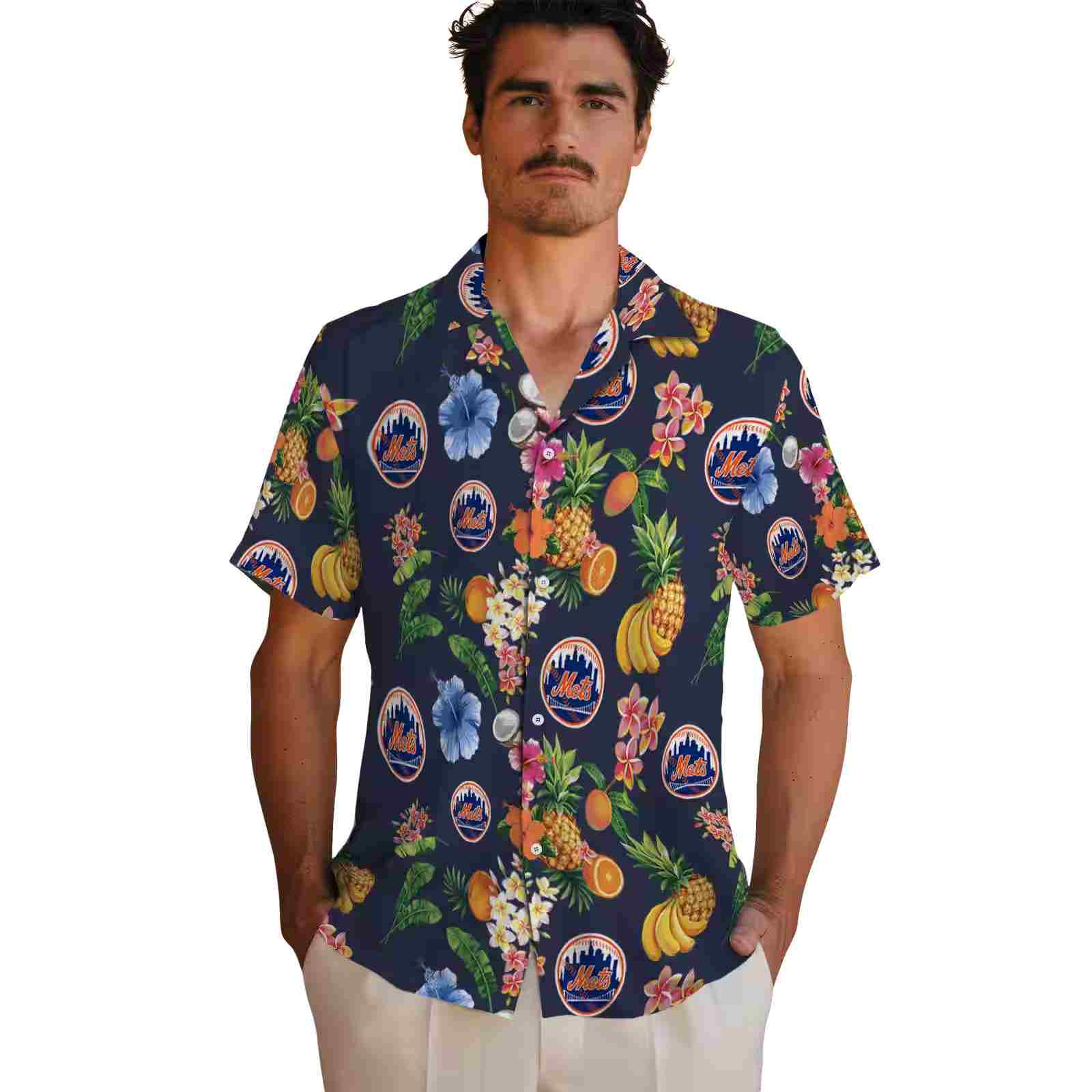 new york mets hibiscus and fruit navy blue hawaiian shirt fashion forward