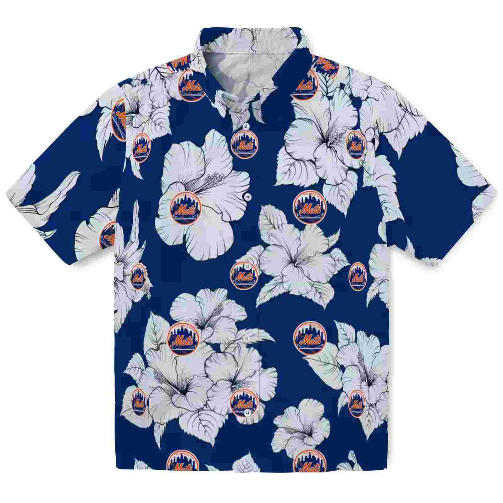 New York Mets Hibiscus Blooms Blue White Hawaiian Shirt