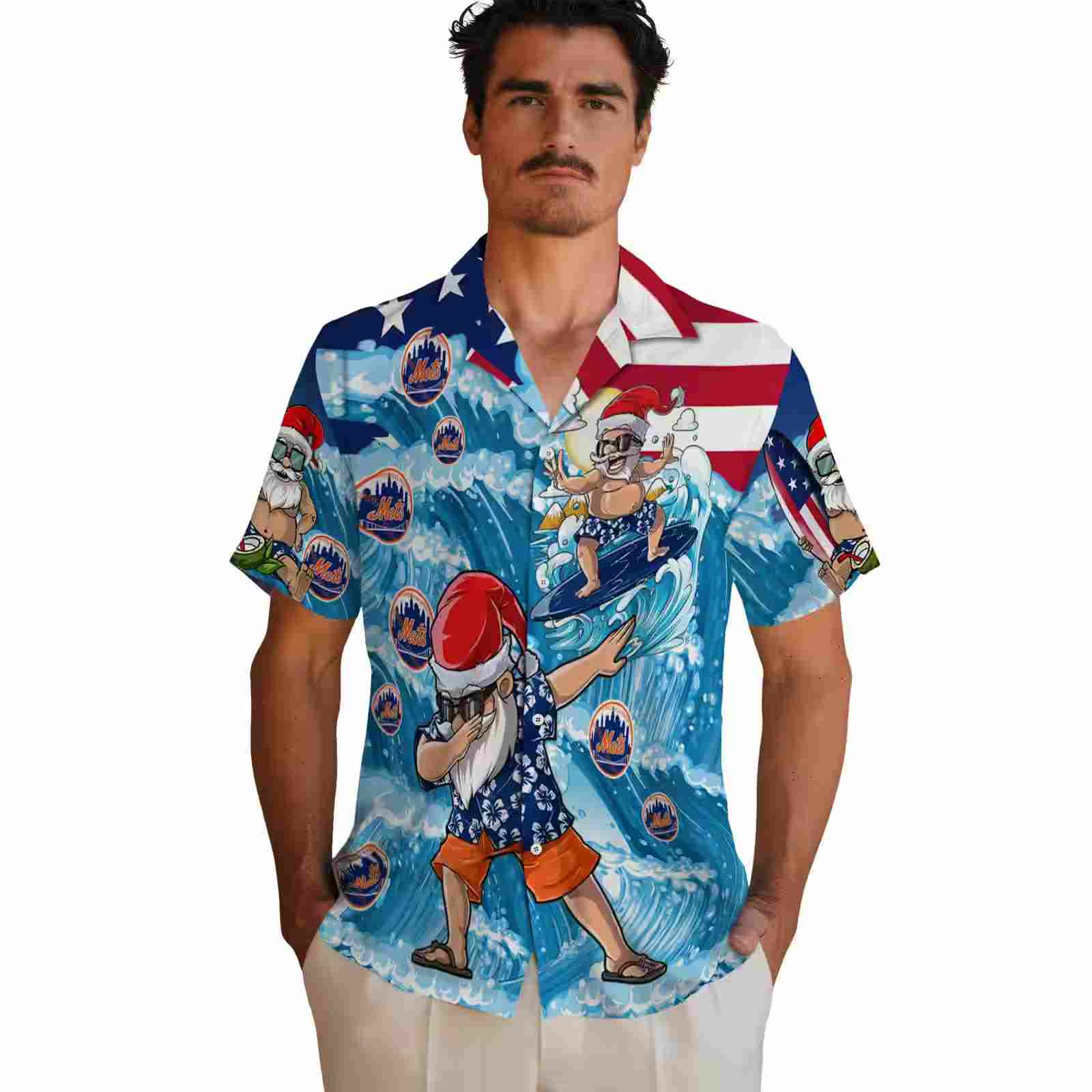 new york mets surfing santa blue hawaiian shirt fashion forward