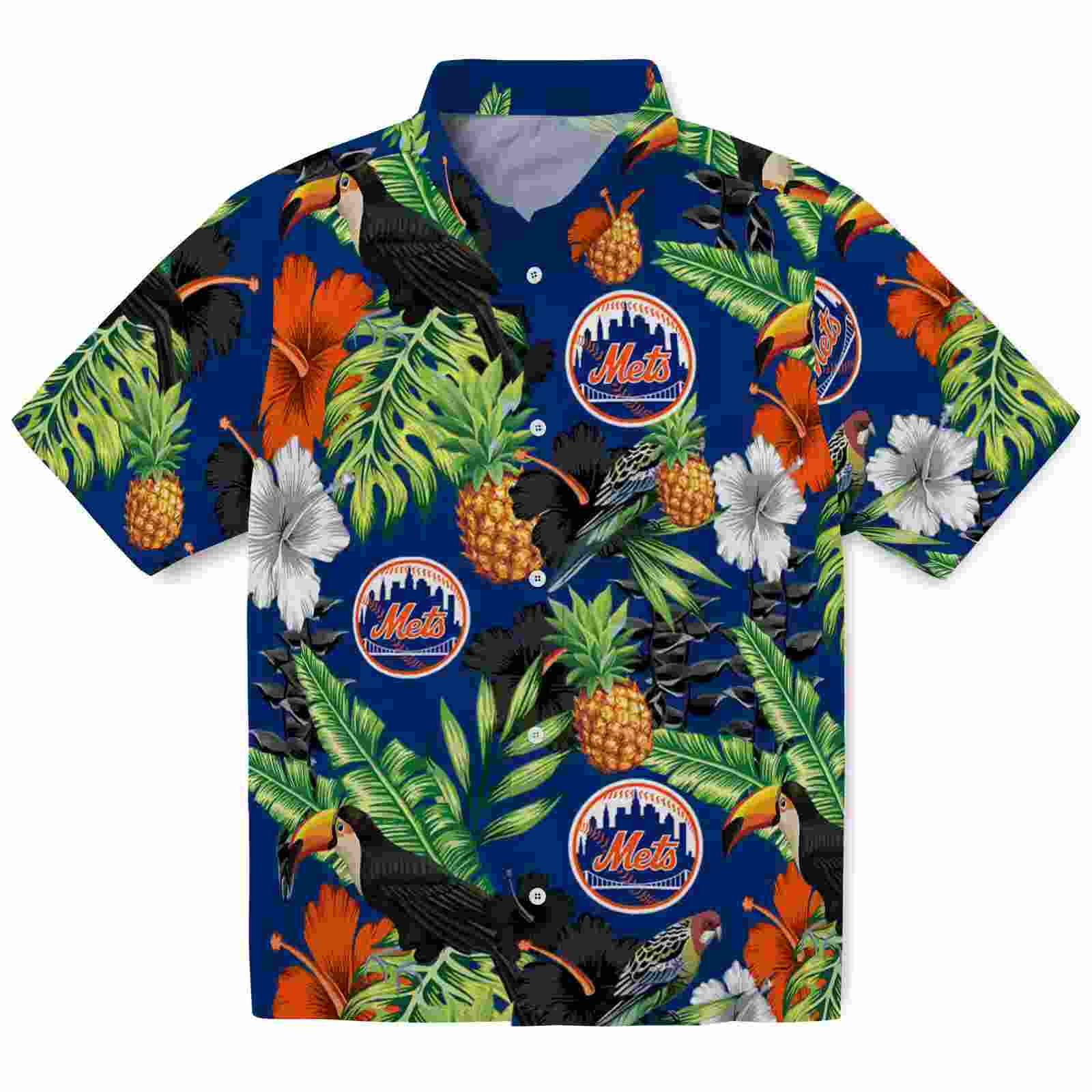 New York Mets Toucan Hibiscus Pineapple Blue Green Hawaiian Shirt