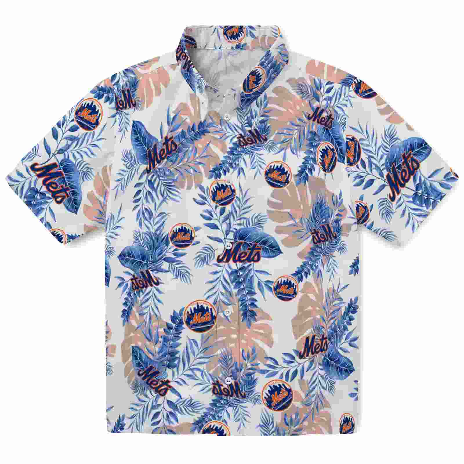 New York Mets Tropical Leaves White Hawaiian Shirt