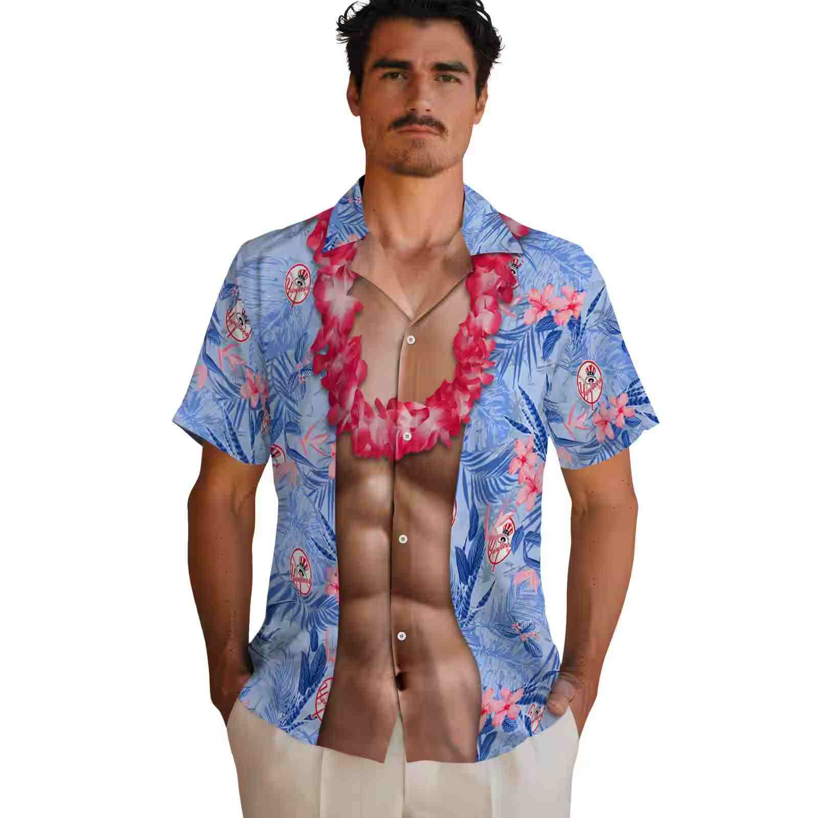 new york yankees chest illusion navy hawaiian shirt fashion forward