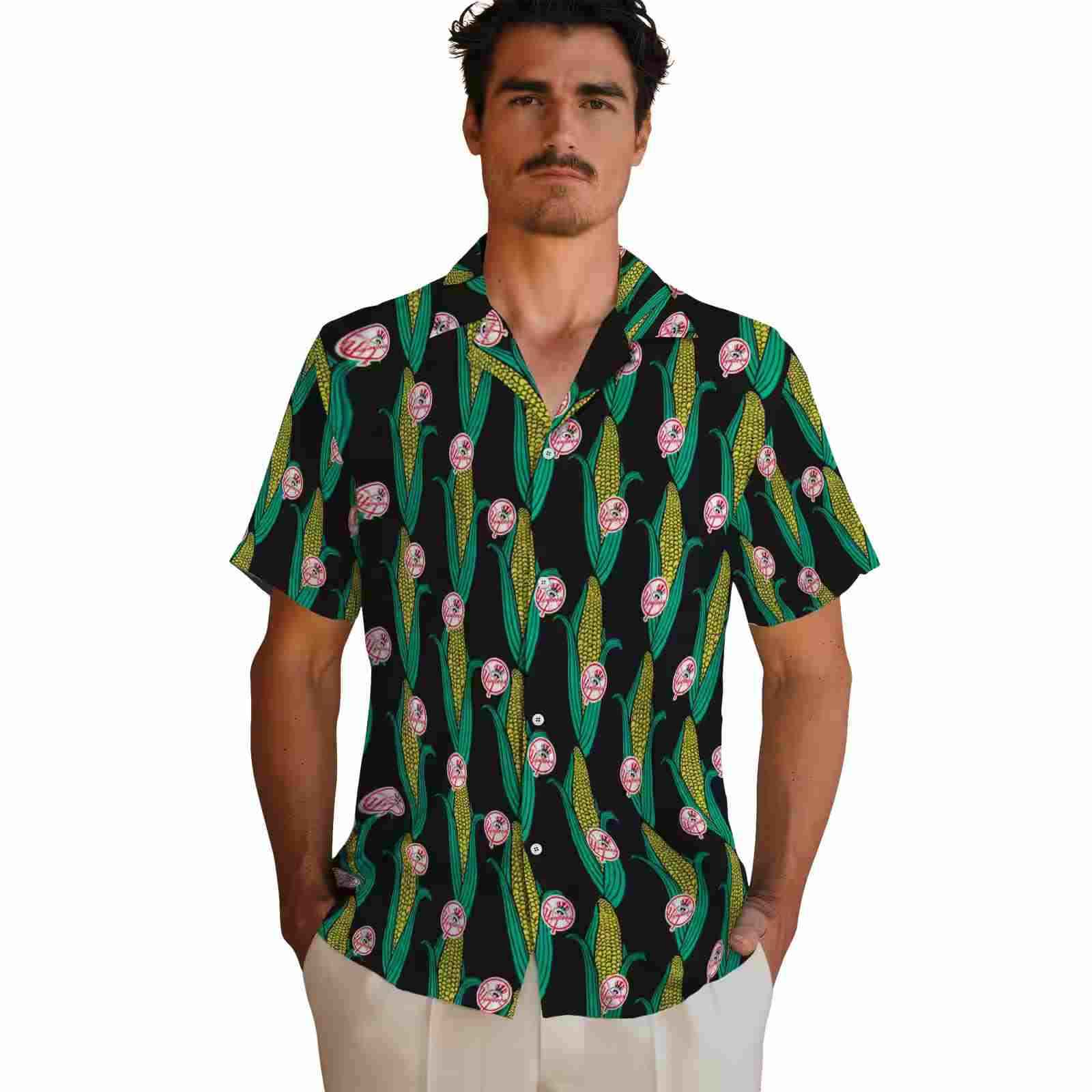 new york yankees corn motifs black green hawaiian shirt fashion forward