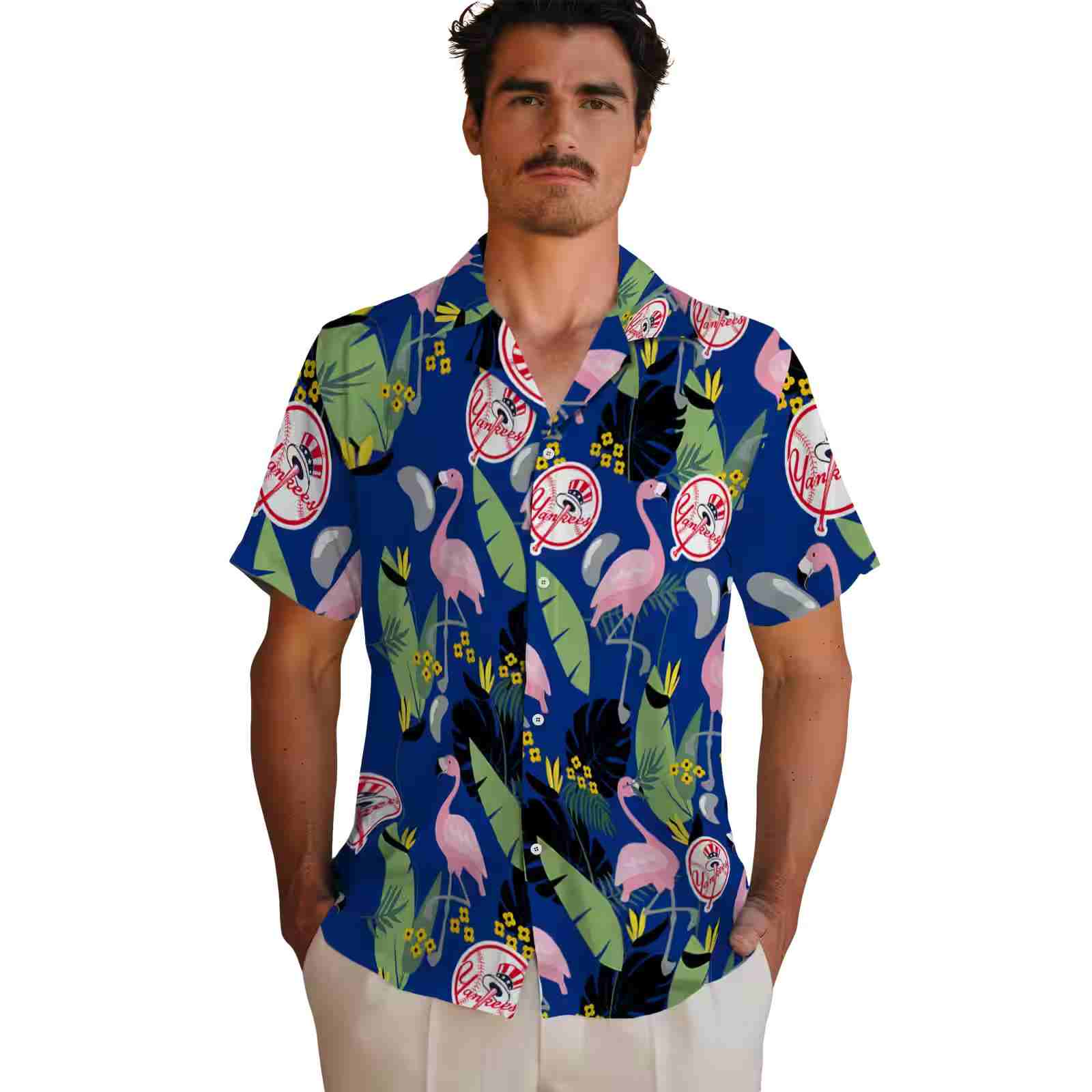 new york yankees flamingo leaves navy hawaiian shirt fashion forward