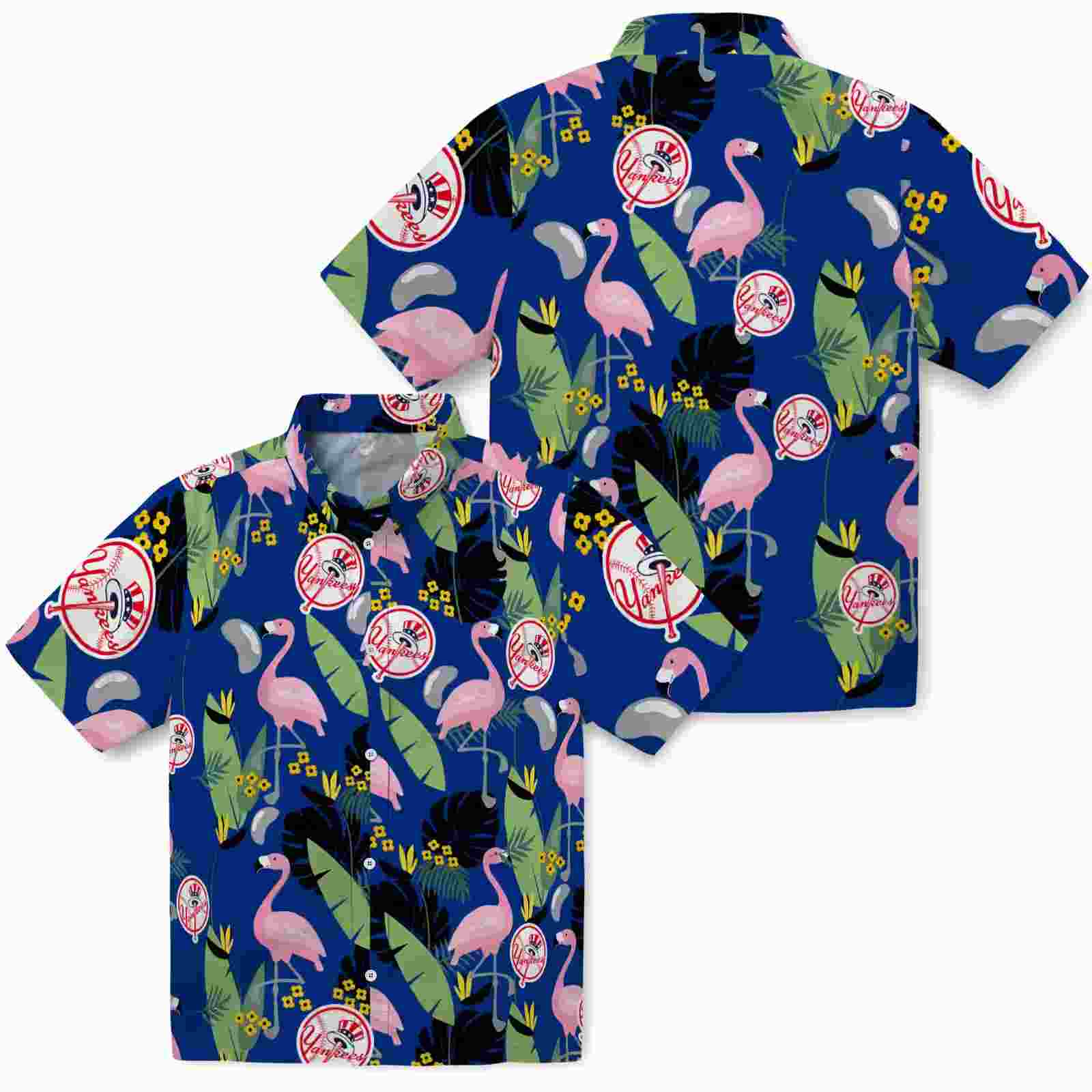 new york yankees flamingo leaves navy hawaiian shirt high quality