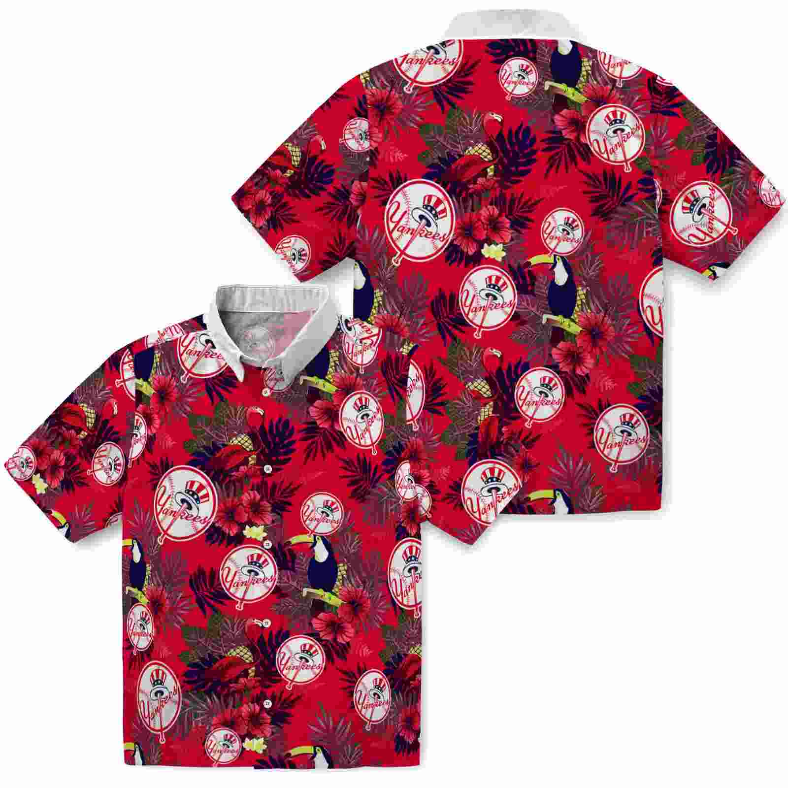 new york yankees floral toucan navy red hawaiian shirt high quality