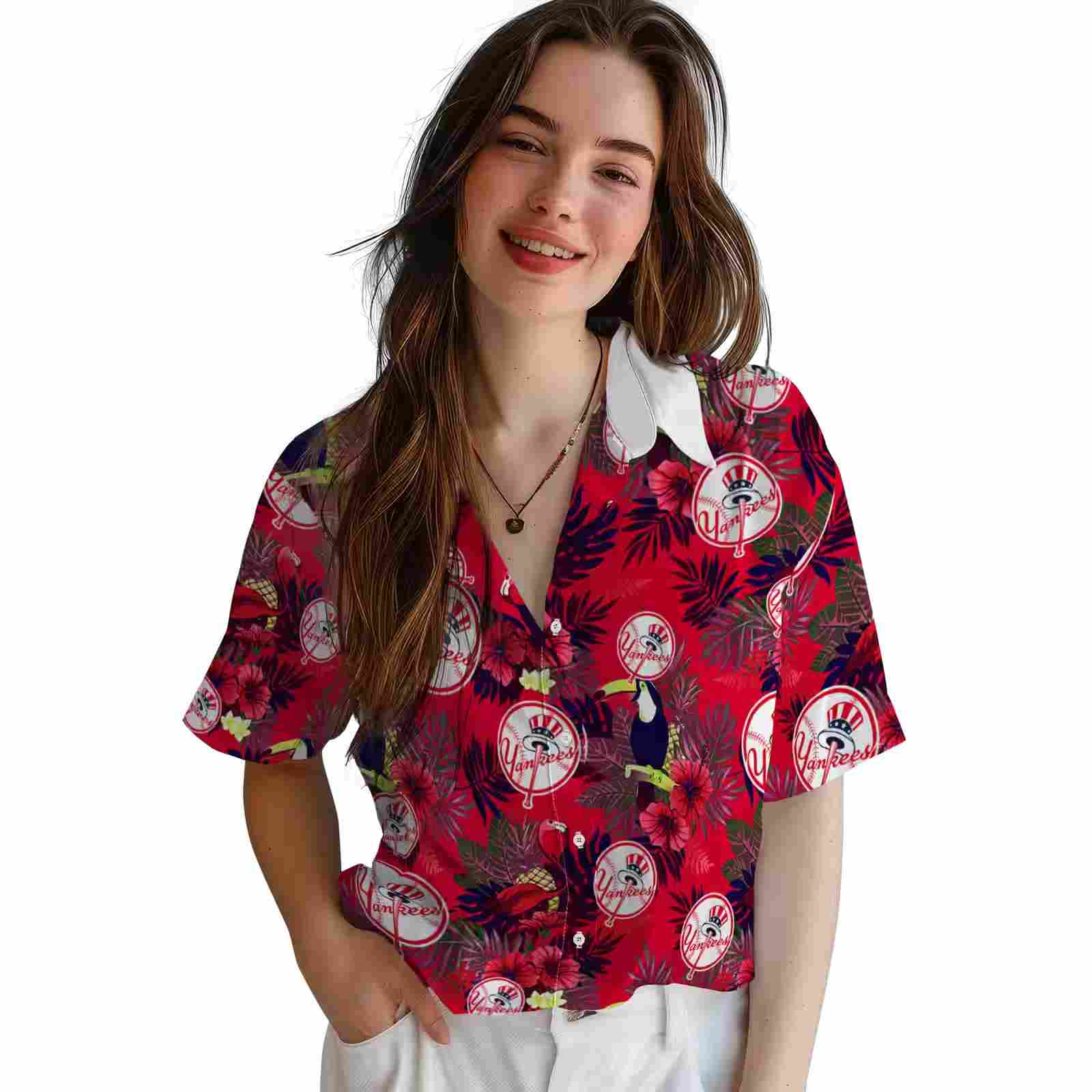 new york yankees floral toucan navy red hawaiian shirt latest model