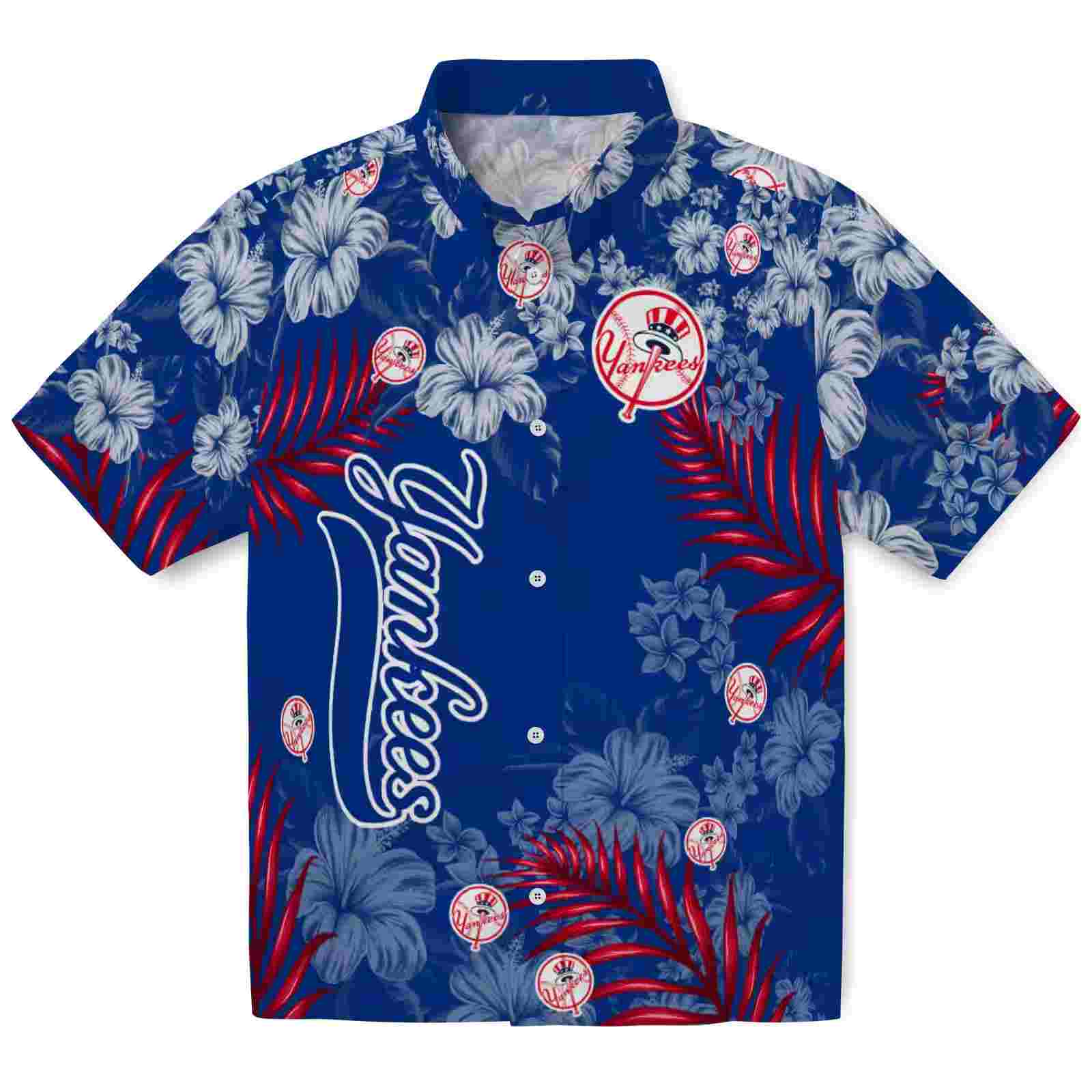 new york yankees hibiscus print navy hawaiian shirt best selling