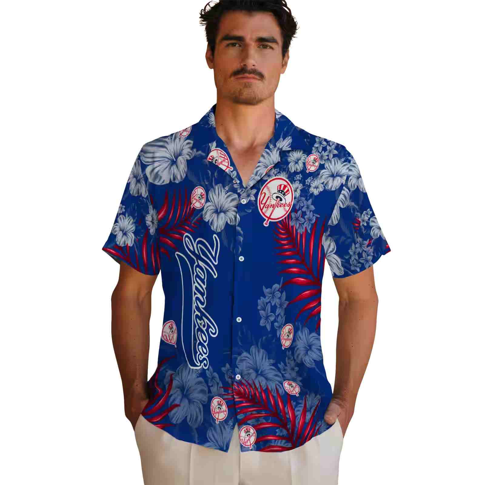 new york yankees hibiscus print navy hawaiian shirt fashion forward