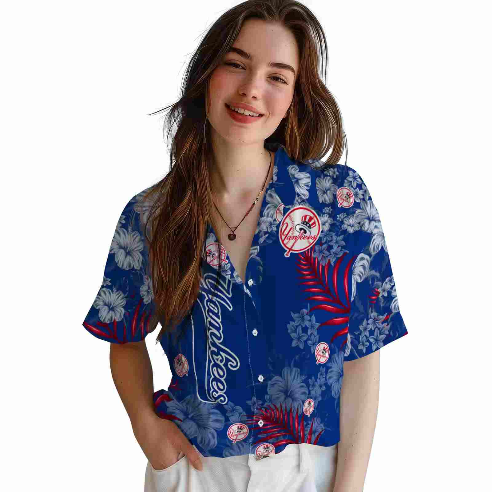 new york yankees hibiscus print navy hawaiian shirt latest model