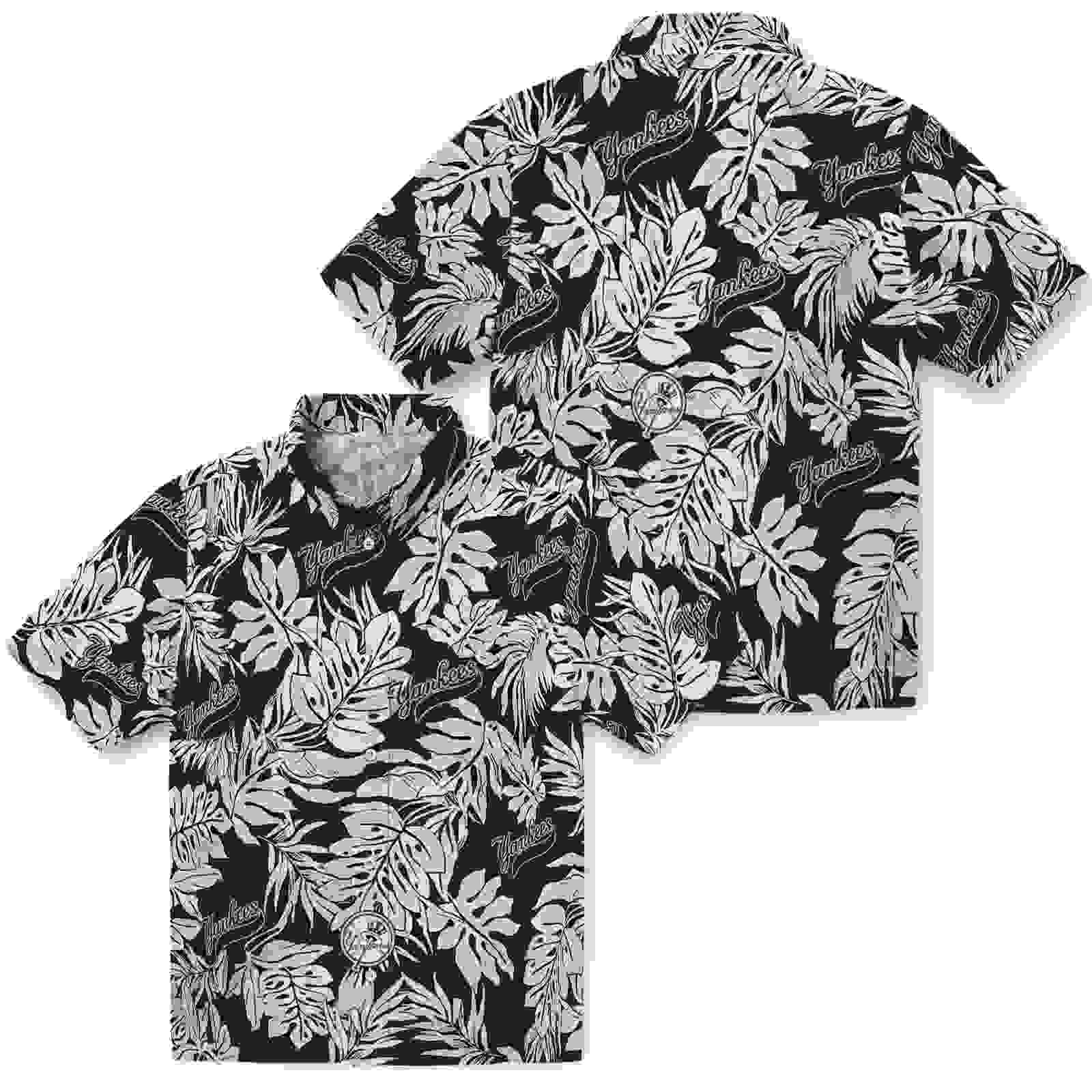 new york yankees monstera leaf pattern black hawaiian shirt high quality