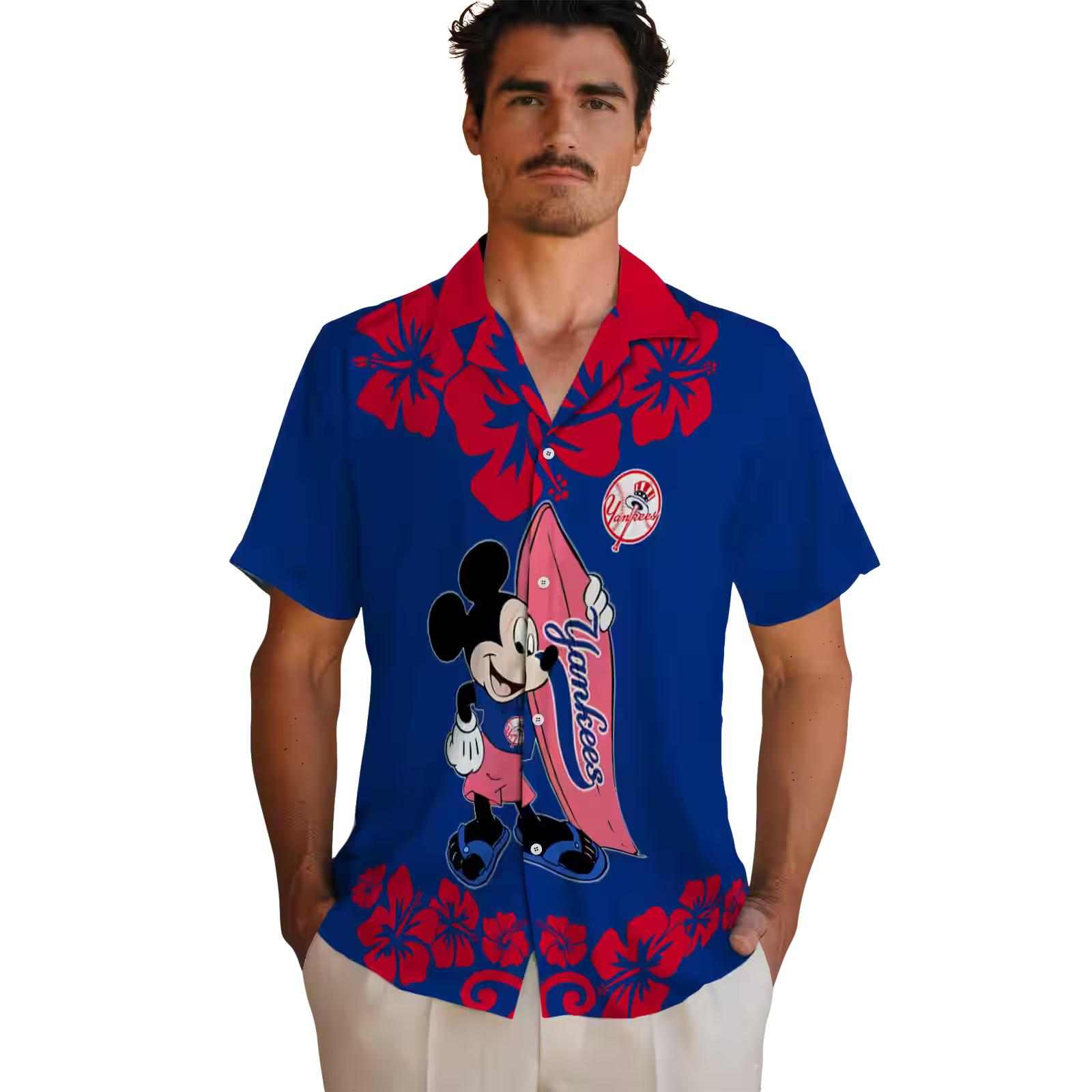 new york yankees surfing mickey navy hawaiian shirt fashion forward