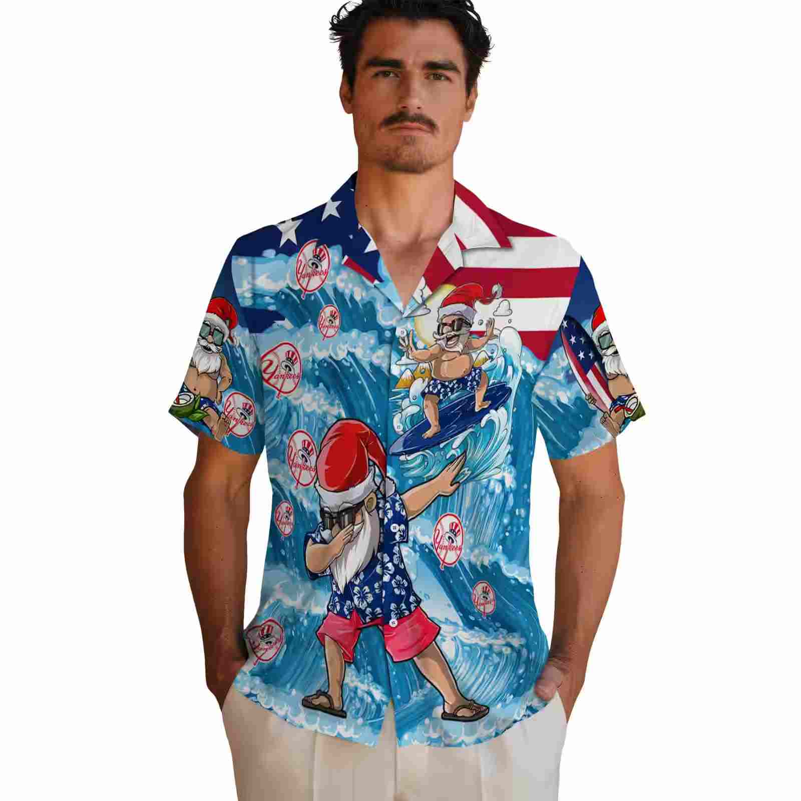 new york yankees surfing santa blue hawaiian shirt fashion forward