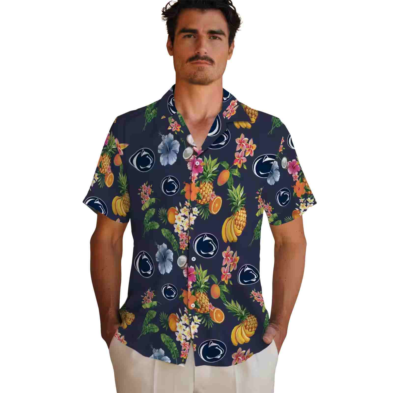 penn state nittany lions hibiscus and fruit navy blue hawaiian shirt fashion forward