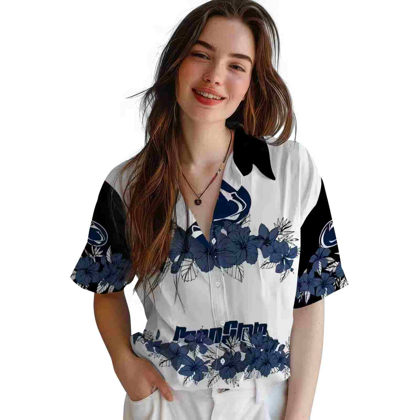 penn state nittany lions hibiscus stripe blue black hawaiian shirt latest model