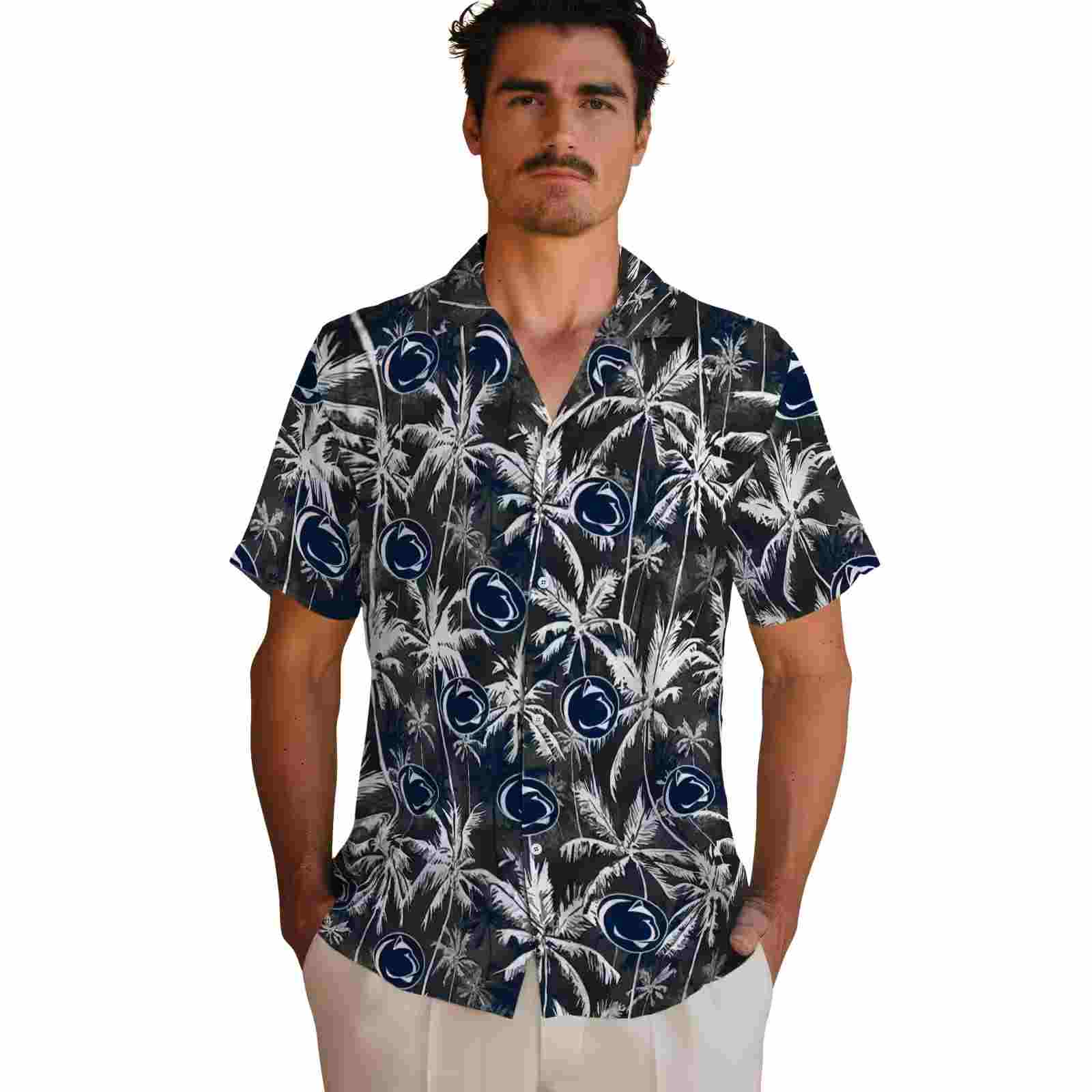 penn state nittany lions palm pattern blue black hawaiian shirt fashion forward