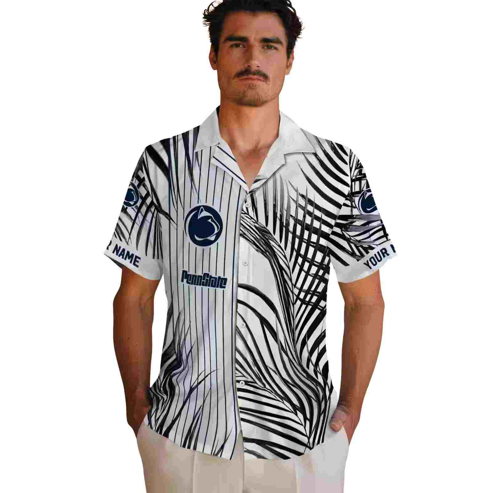 penn state nittany lions palm stripes blue black white hawaiian shirt fashion forward