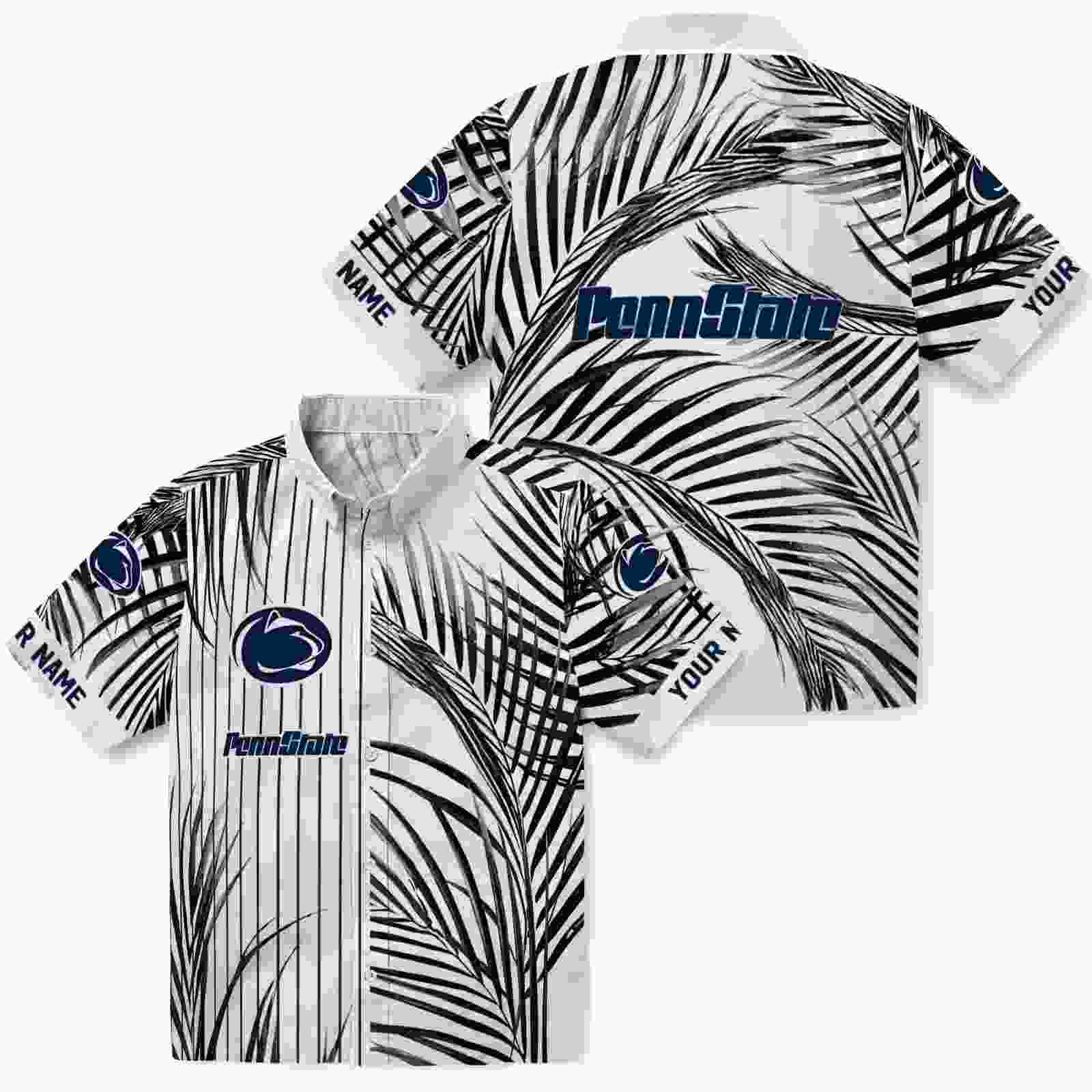 penn state nittany lions palm stripes blue black white hawaiian shirt high quality