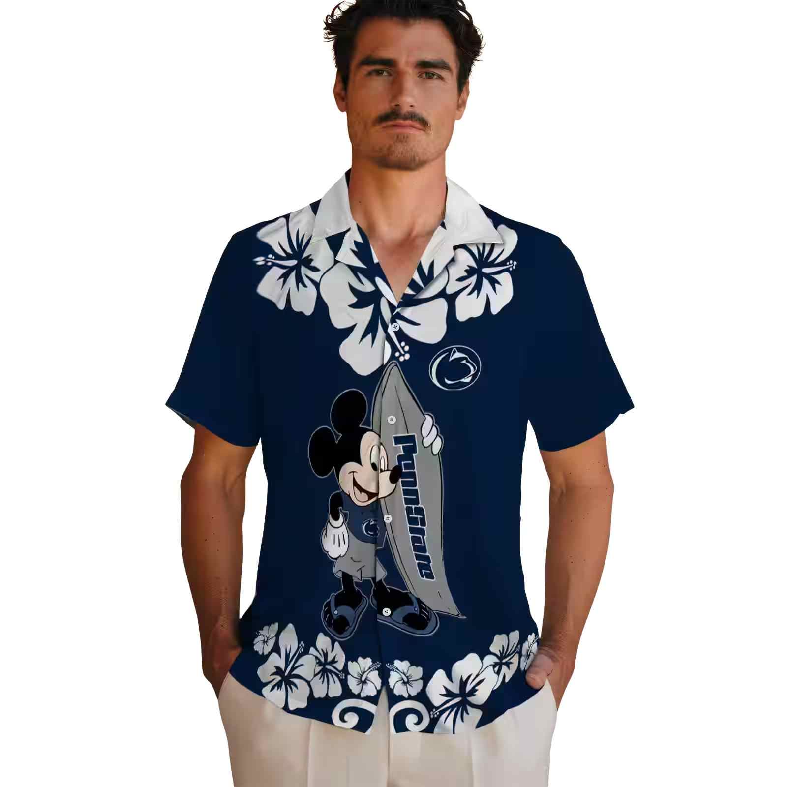 penn state nittany lions surfing mickey blue hawaiian shirt fashion forward