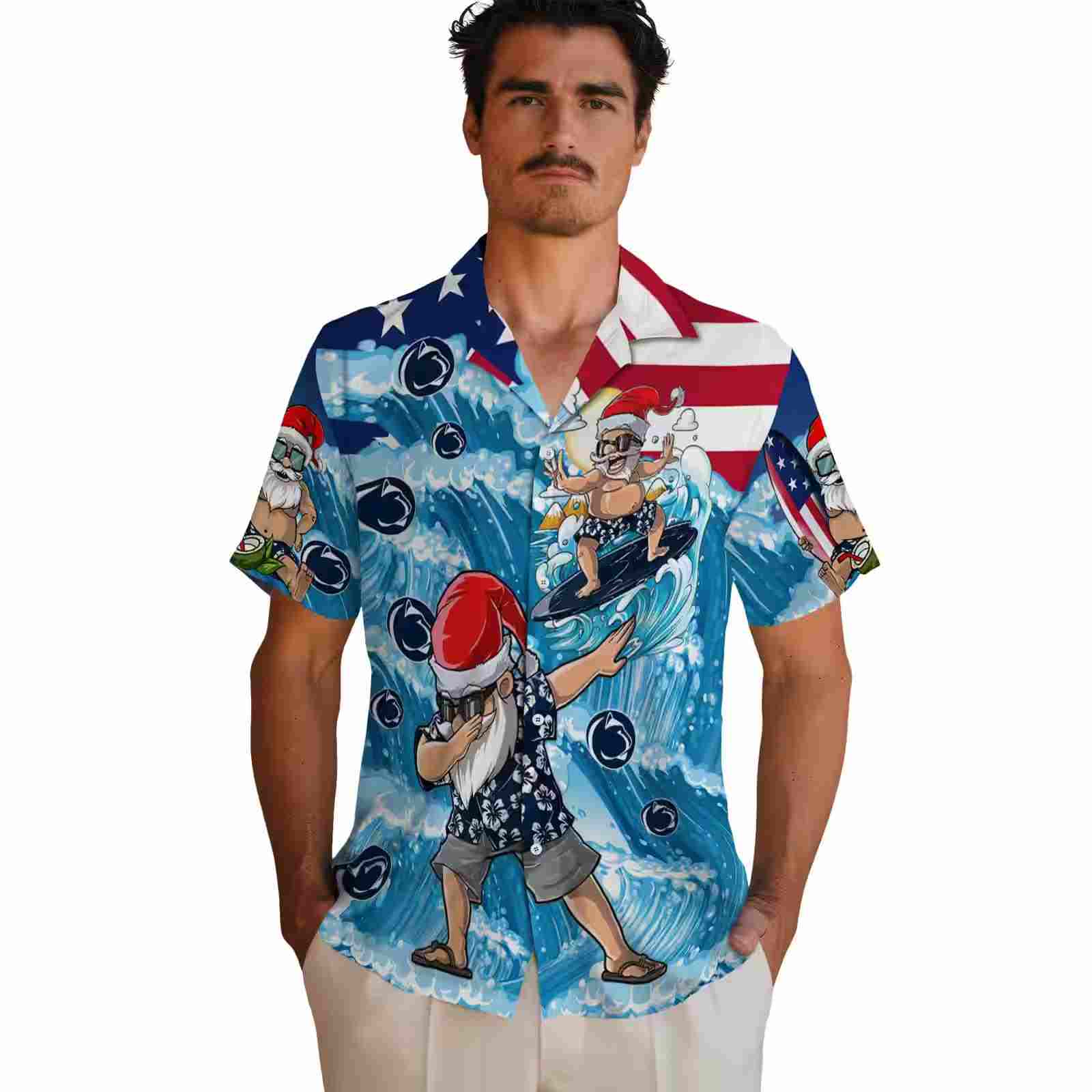 penn state nittany lions surfing santa blue hawaiian shirt fashion forward