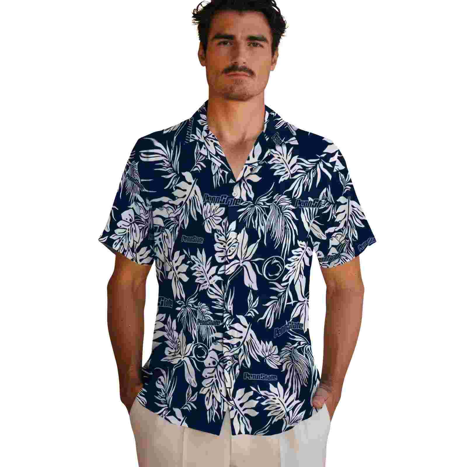 penn state nittany lions tropical leaf blue white hawaiian shirt fashion forward