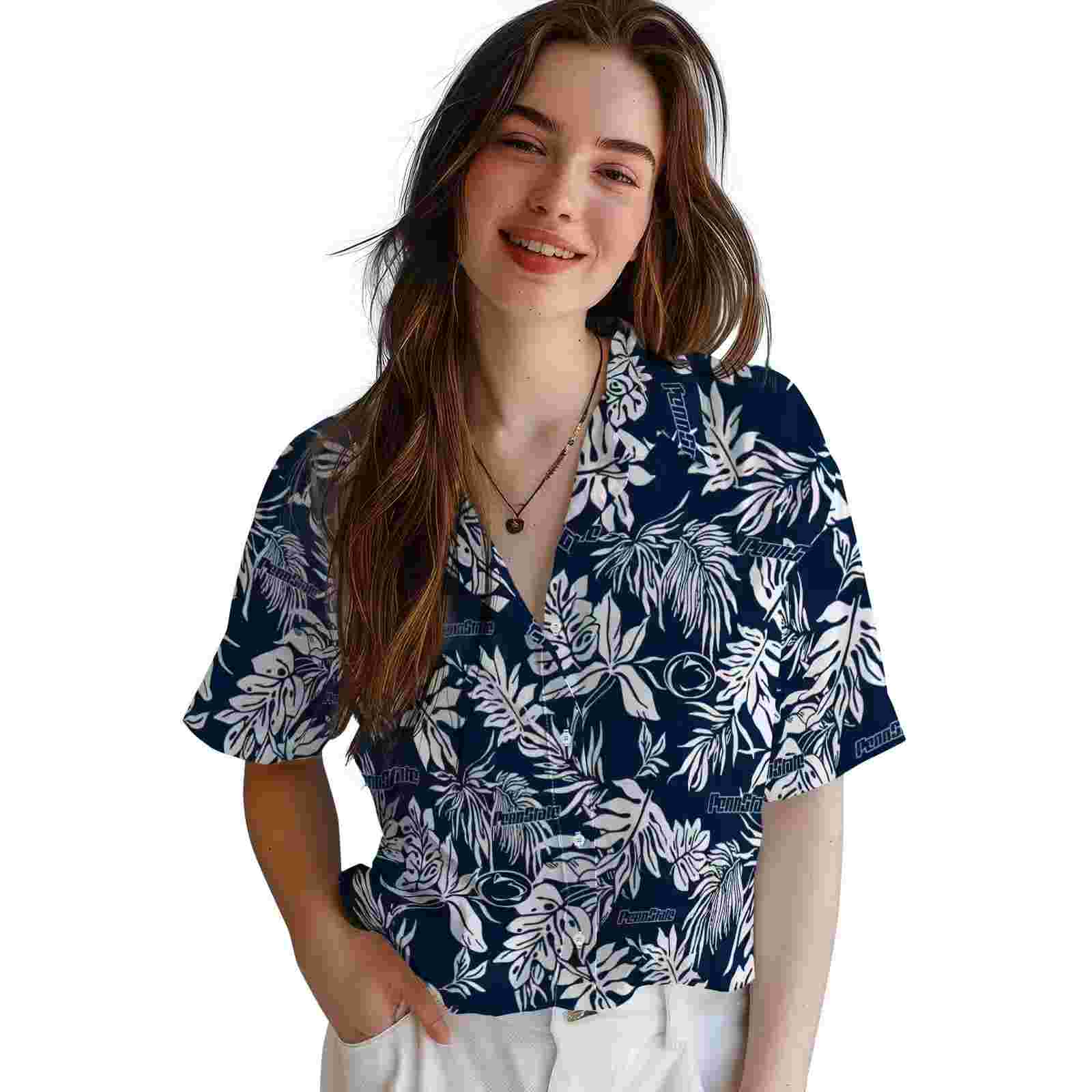 penn state nittany lions tropical leaf blue white hawaiian shirt latest model