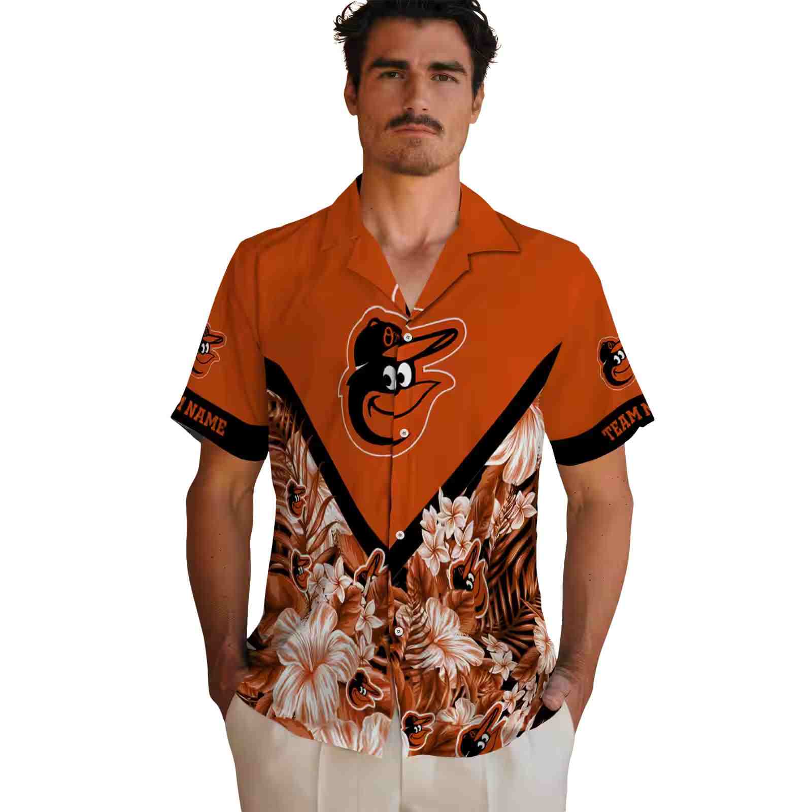 personalized baltimore orioles floral chevron orange hawaiian shirt fashion forward