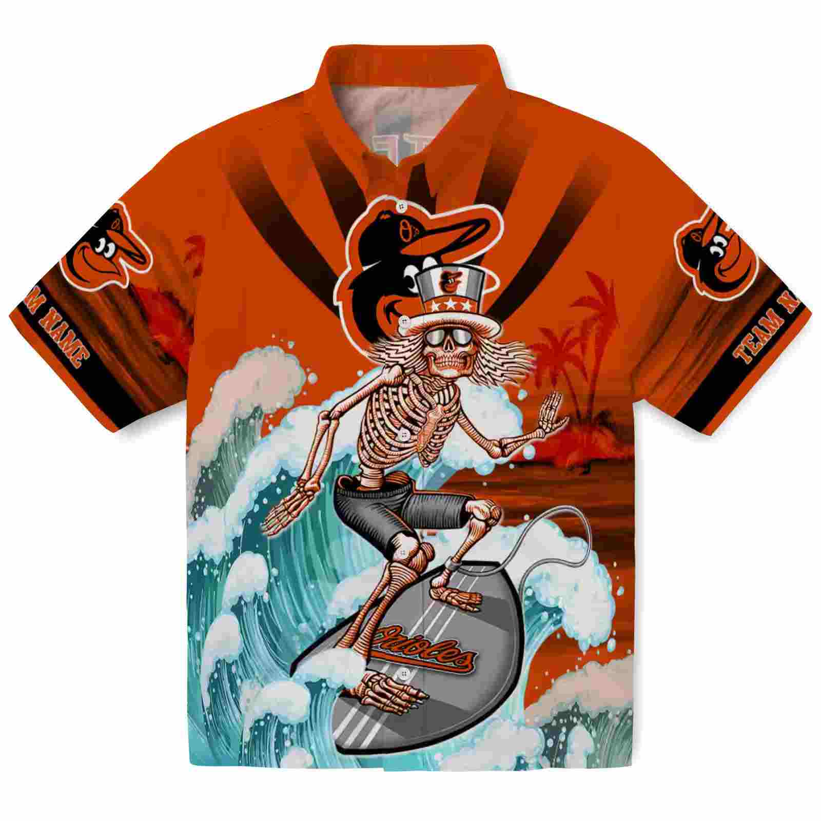 Personalized Baltimore Orioles Surfing Skeleton Orange Blue Hawaiian Shirt