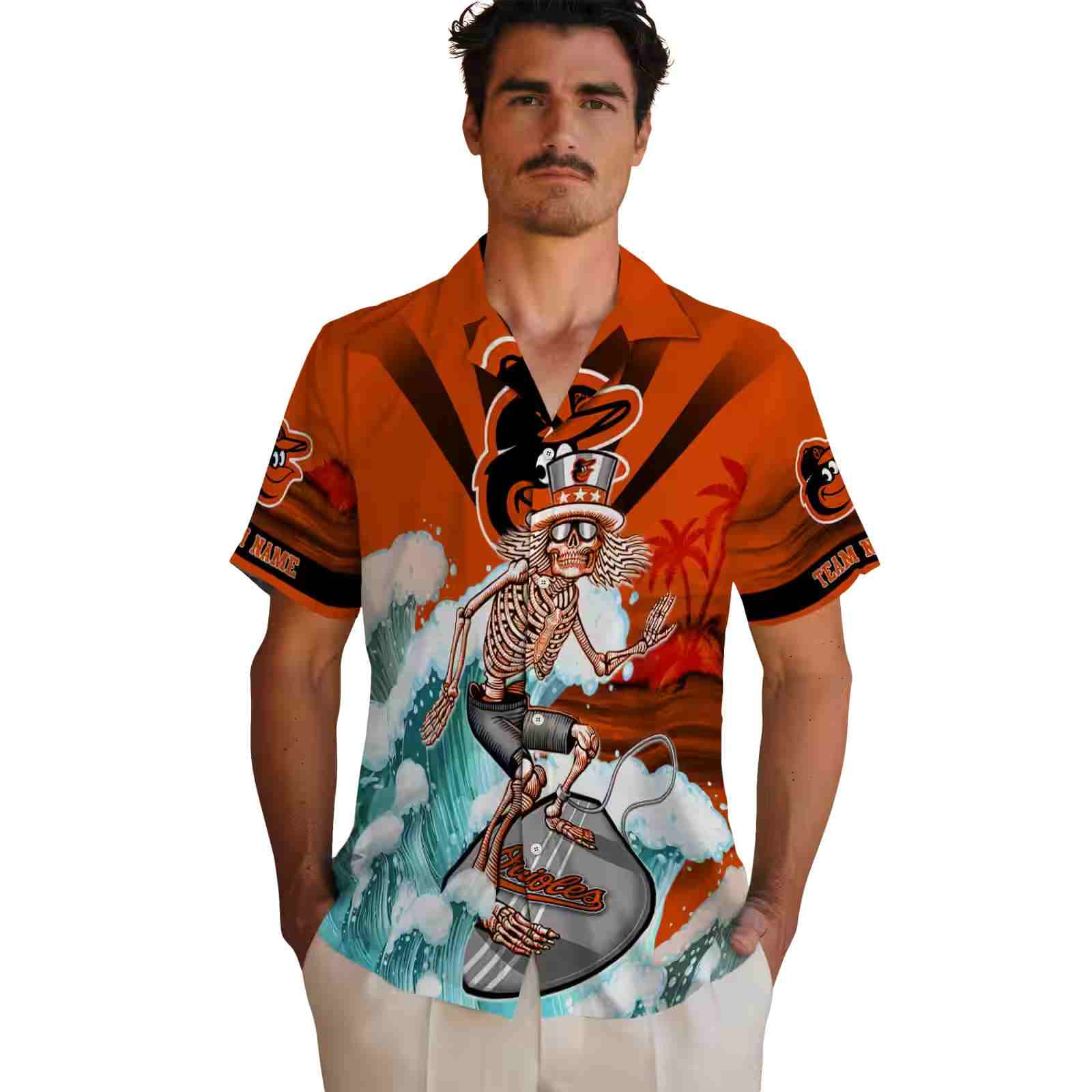 personalized baltimore orioles surfing skeleton orange blue hawaiian shirt fashion forward