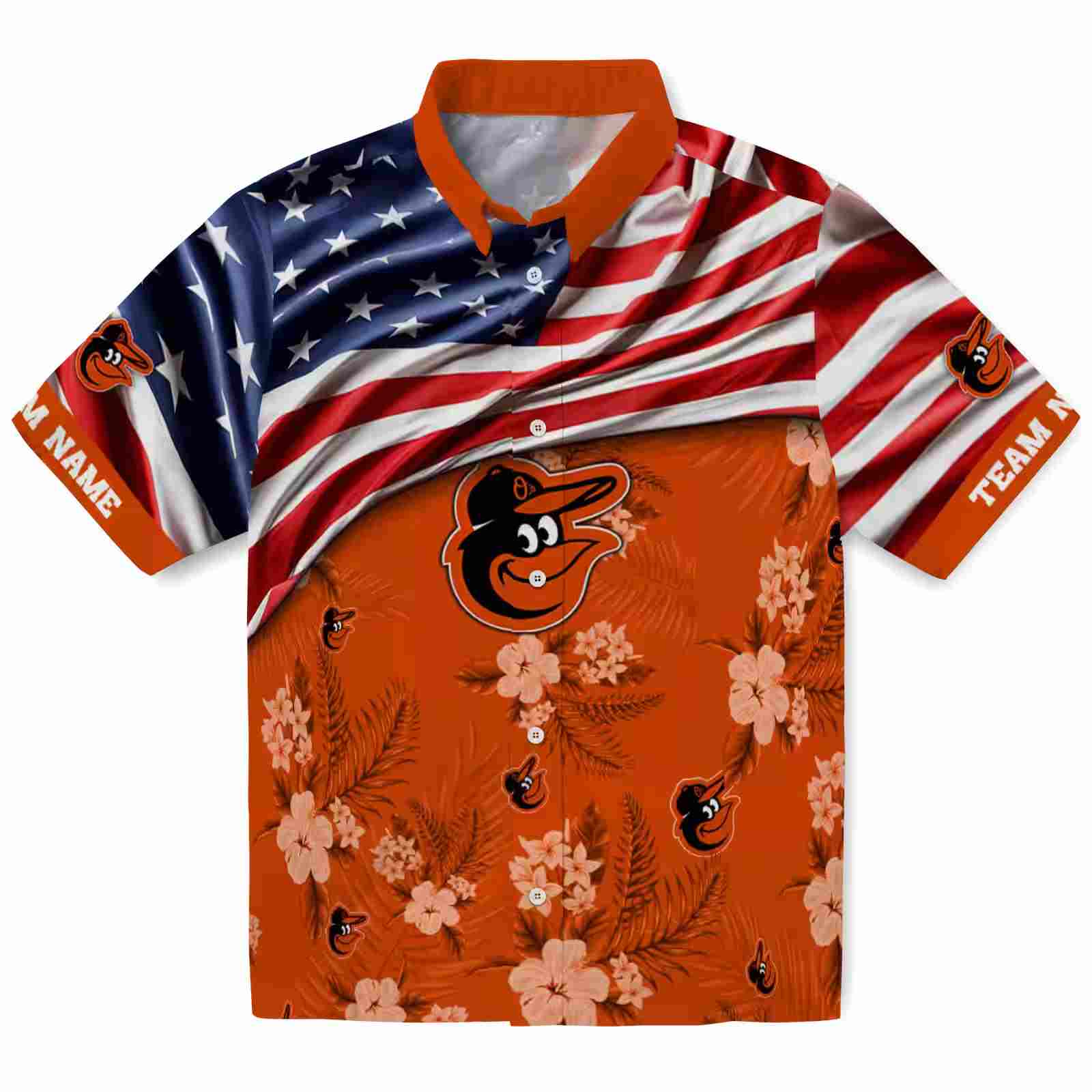 Personalized Baltimore Orioles US Flag Hibiscus Orange Hawaiian Shirt