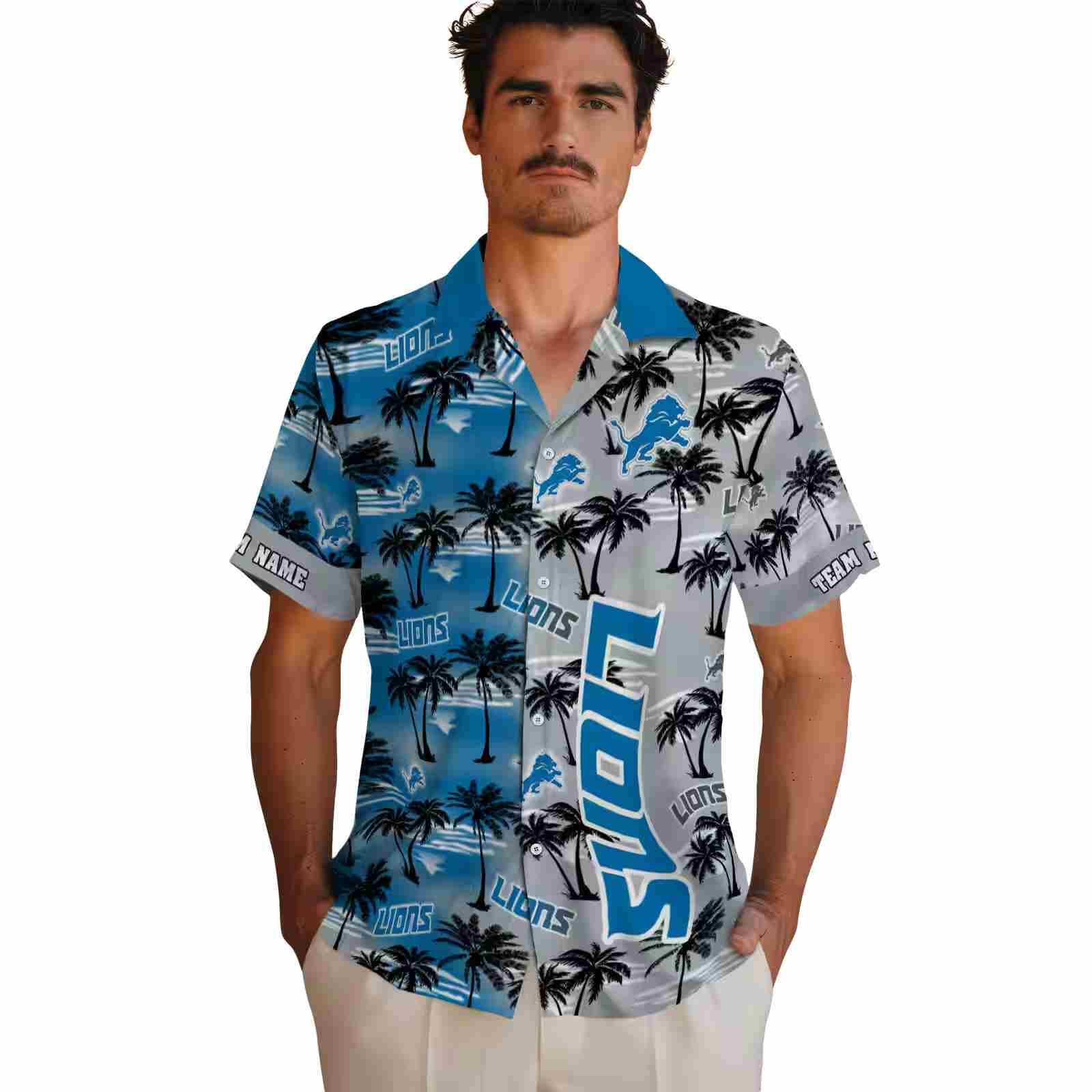 personalized detroit lions palm silhouettes blue hawaiian shirt fashion forward