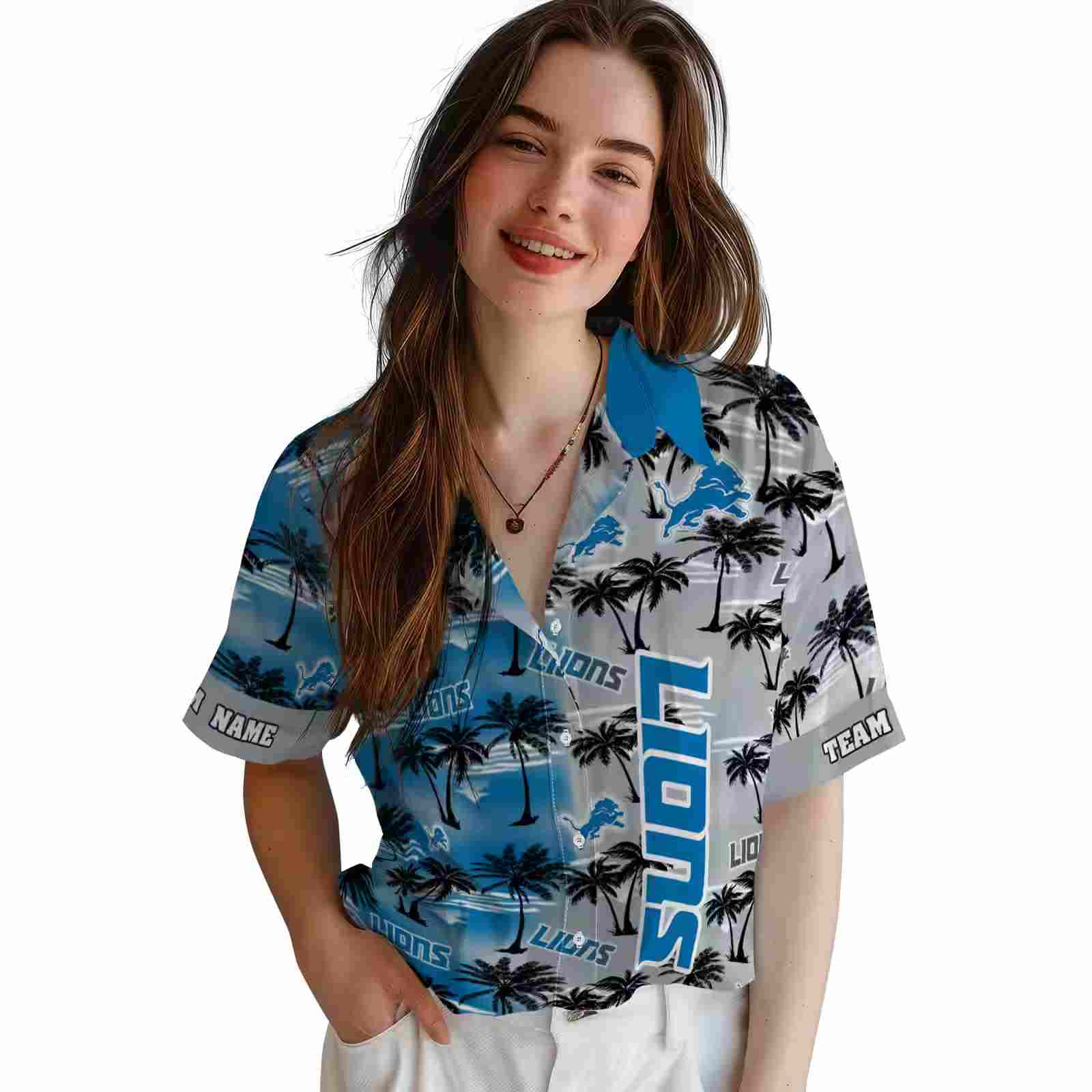 personalized detroit lions palm silhouettes blue hawaiian shirt latest model