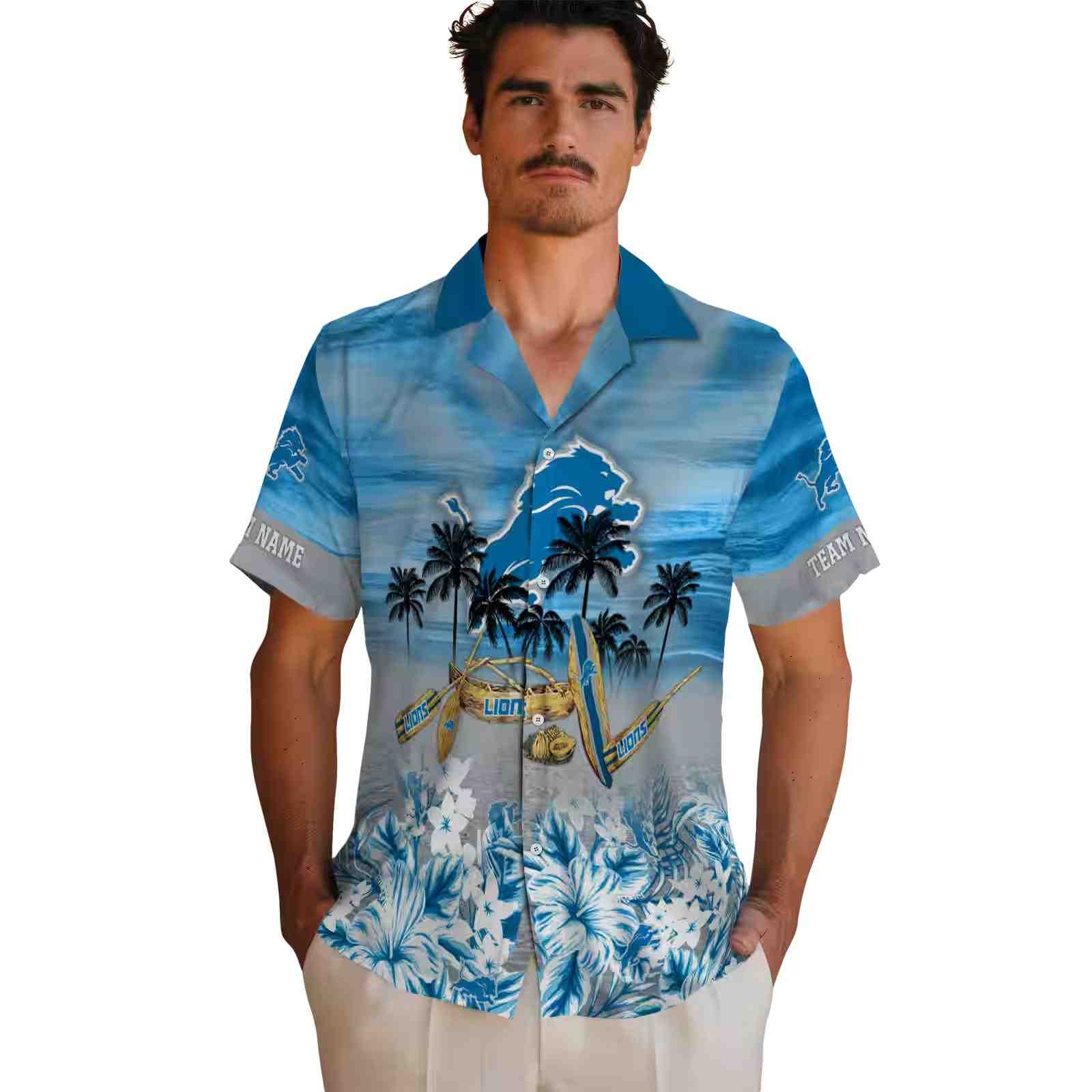 personalized detroit lions tropical canoe blue hawaiian shirt fashion forward