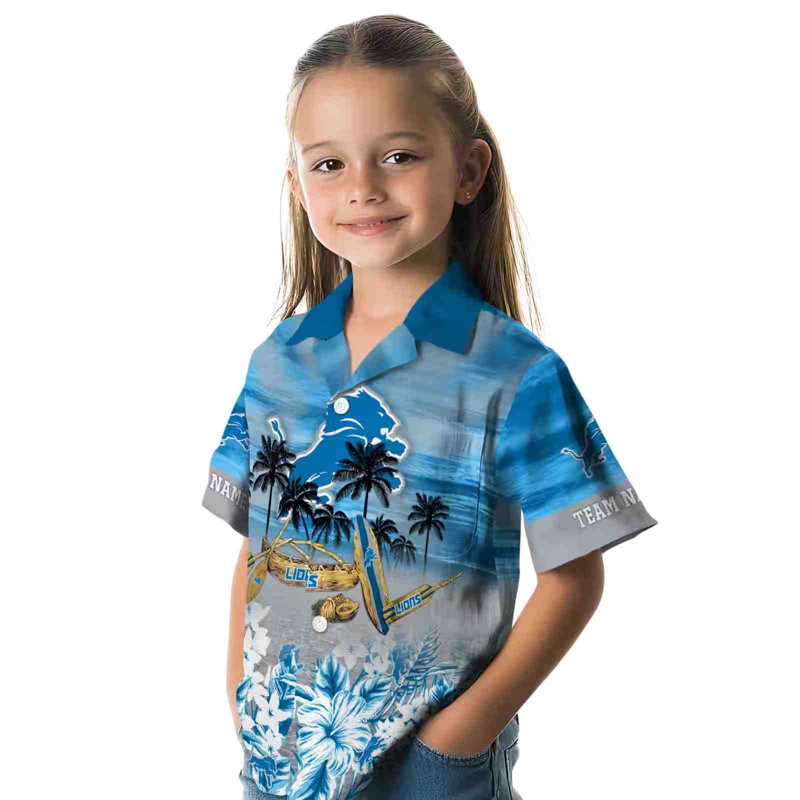 personalized detroit lions tropical canoe blue hawaiian shirt premium grade