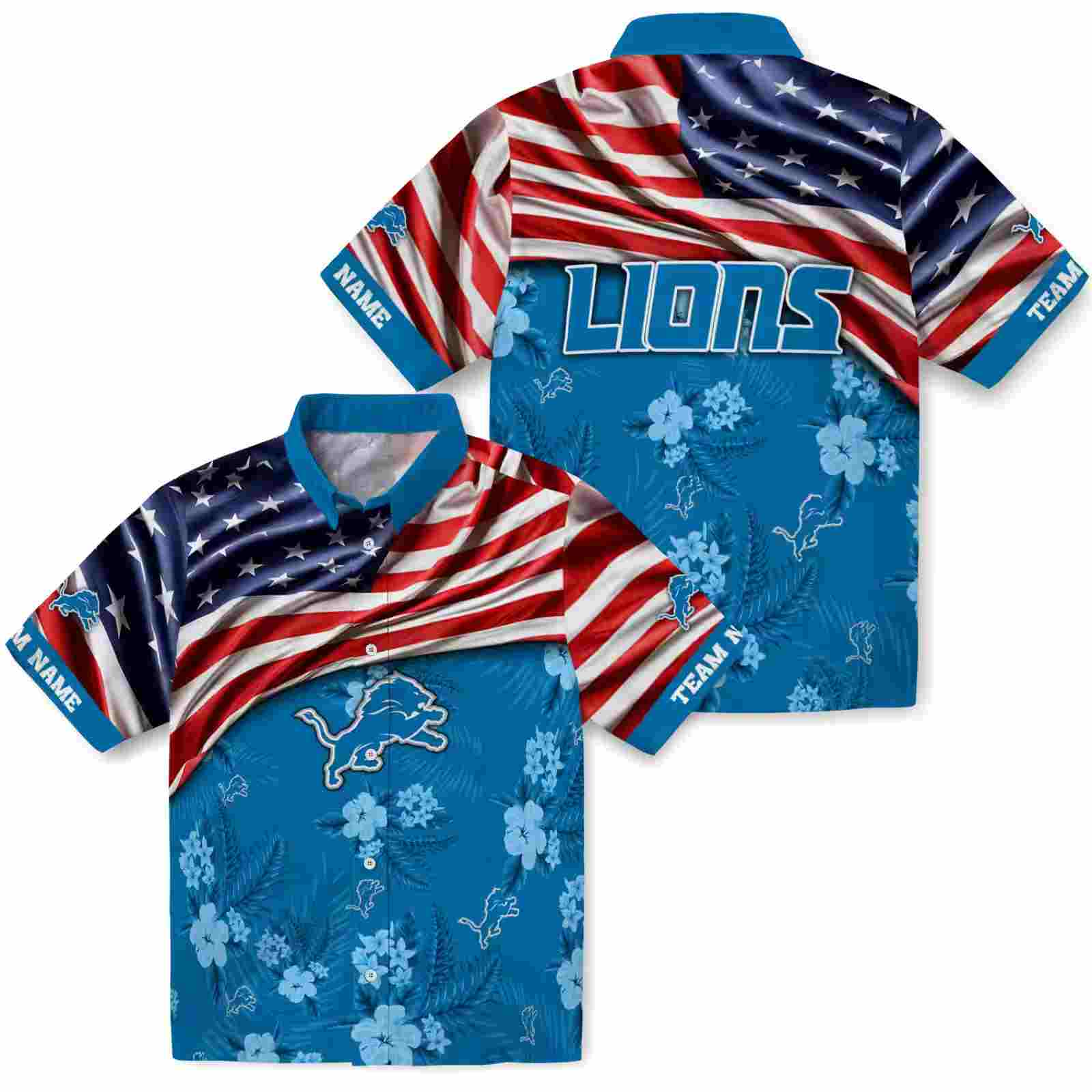 personalized detroit lions us flag hibiscus blue hawaiian shirt high quality