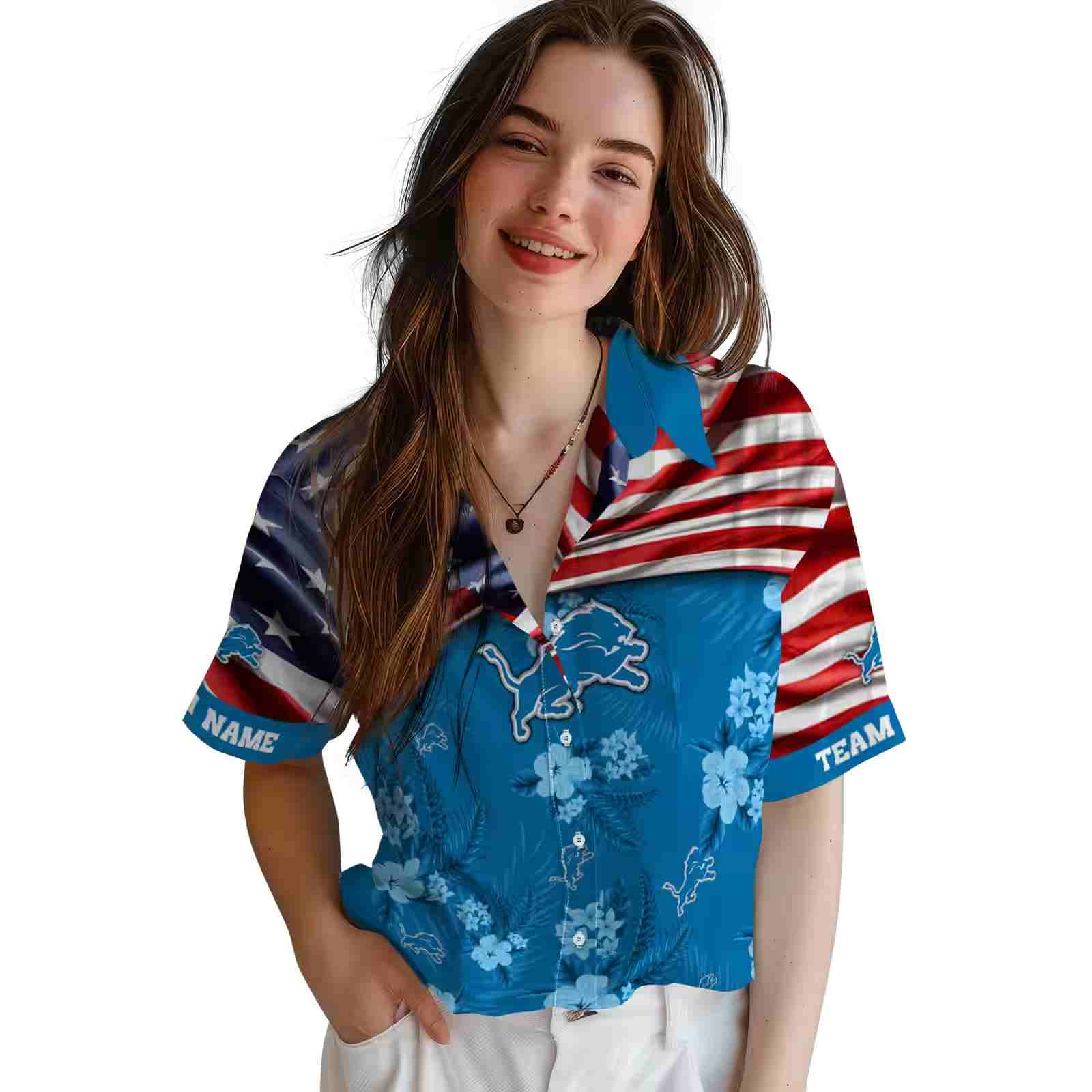 personalized detroit lions us flag hibiscus blue hawaiian shirt latest model