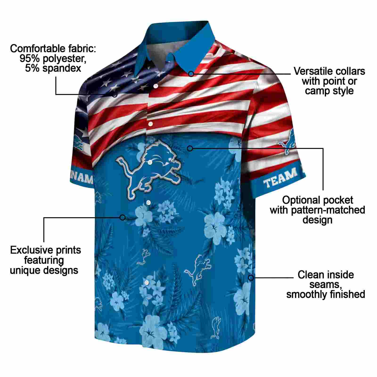 personalized detroit lions us flag hibiscus blue hawaiian shirt new arrival