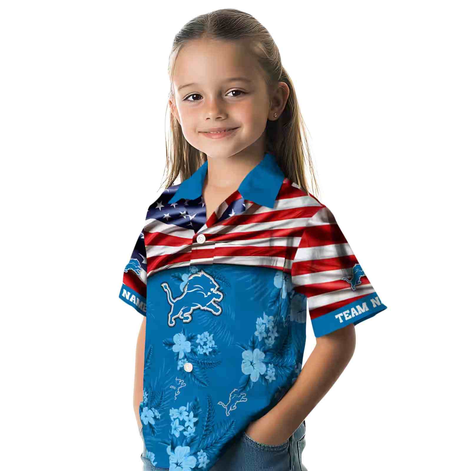 personalized detroit lions us flag hibiscus blue hawaiian shirt premium grade