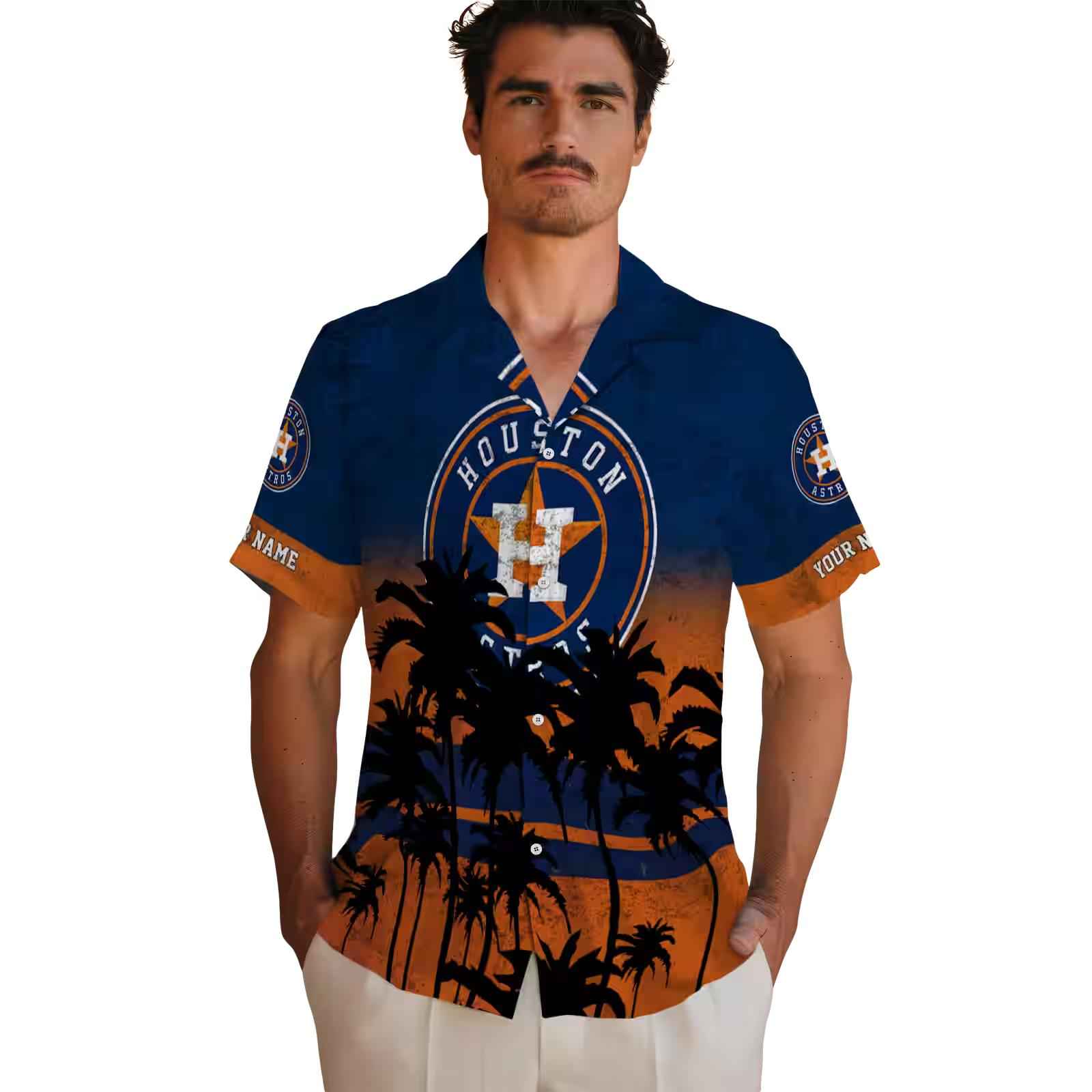 personalized houston astros sunset pattern blue black hawaiian shirt fashion forward