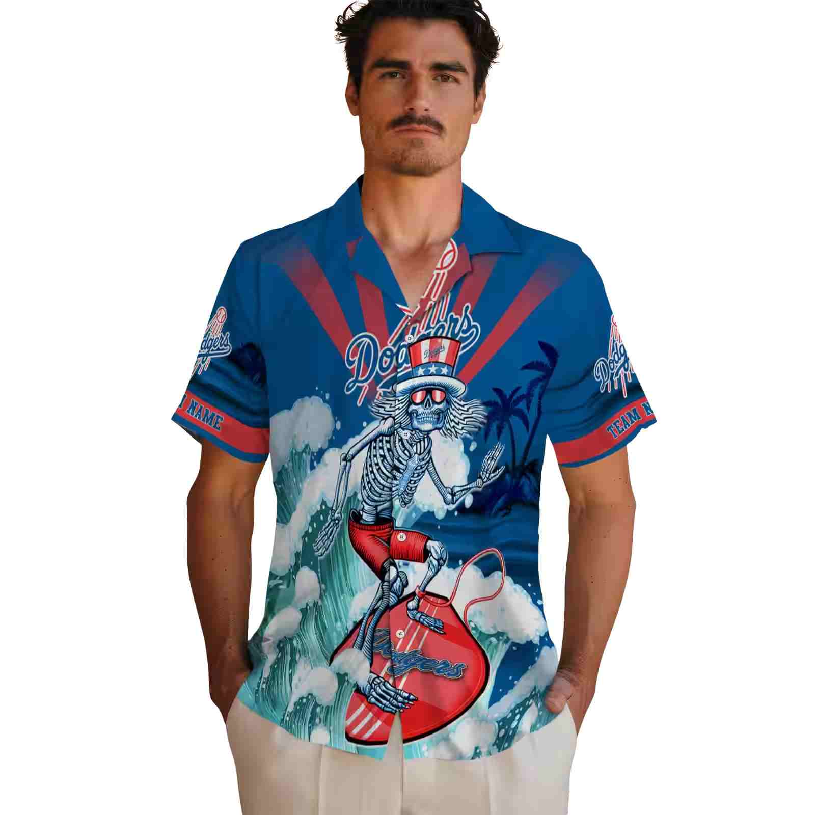 personalized los angeles dodgers surfing skeleton blue hawaiian shirt fashion forward