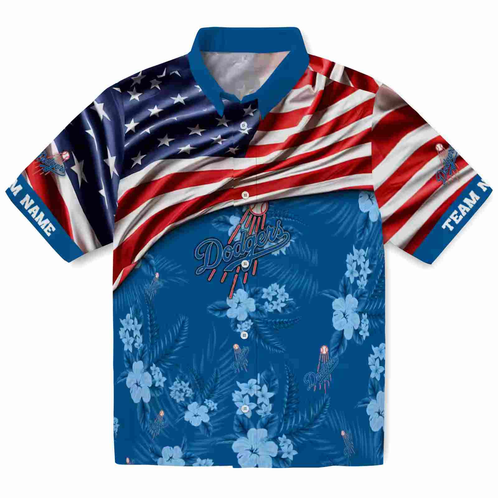 Personalized Los Angeles Dodgers US Flag Hibiscus Blue Hawaiian Shirt