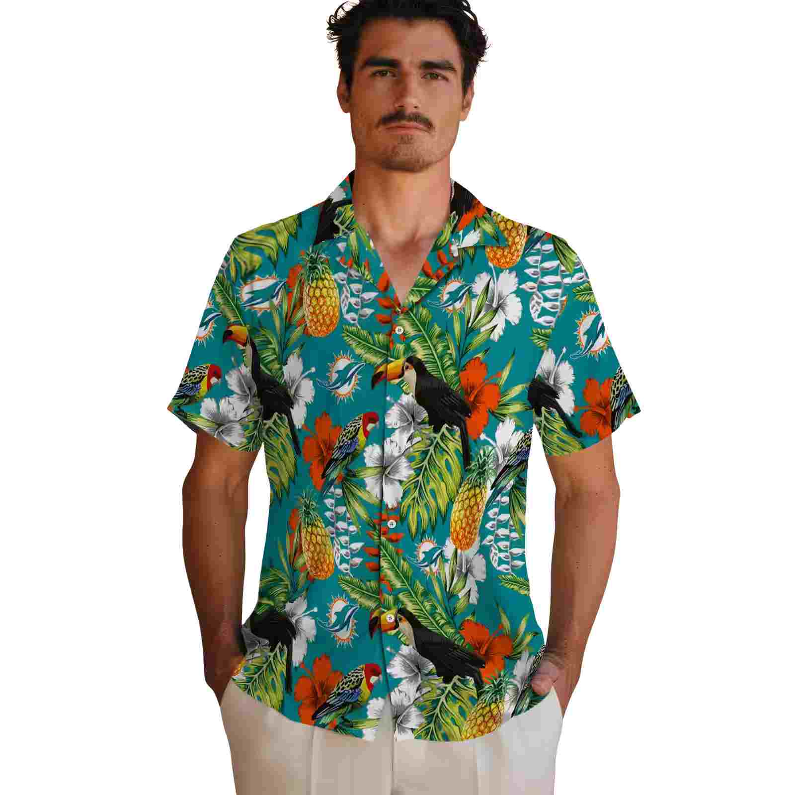 personalized miami dolphins tropical toucan aqua green hawaiian shirt fashion forward