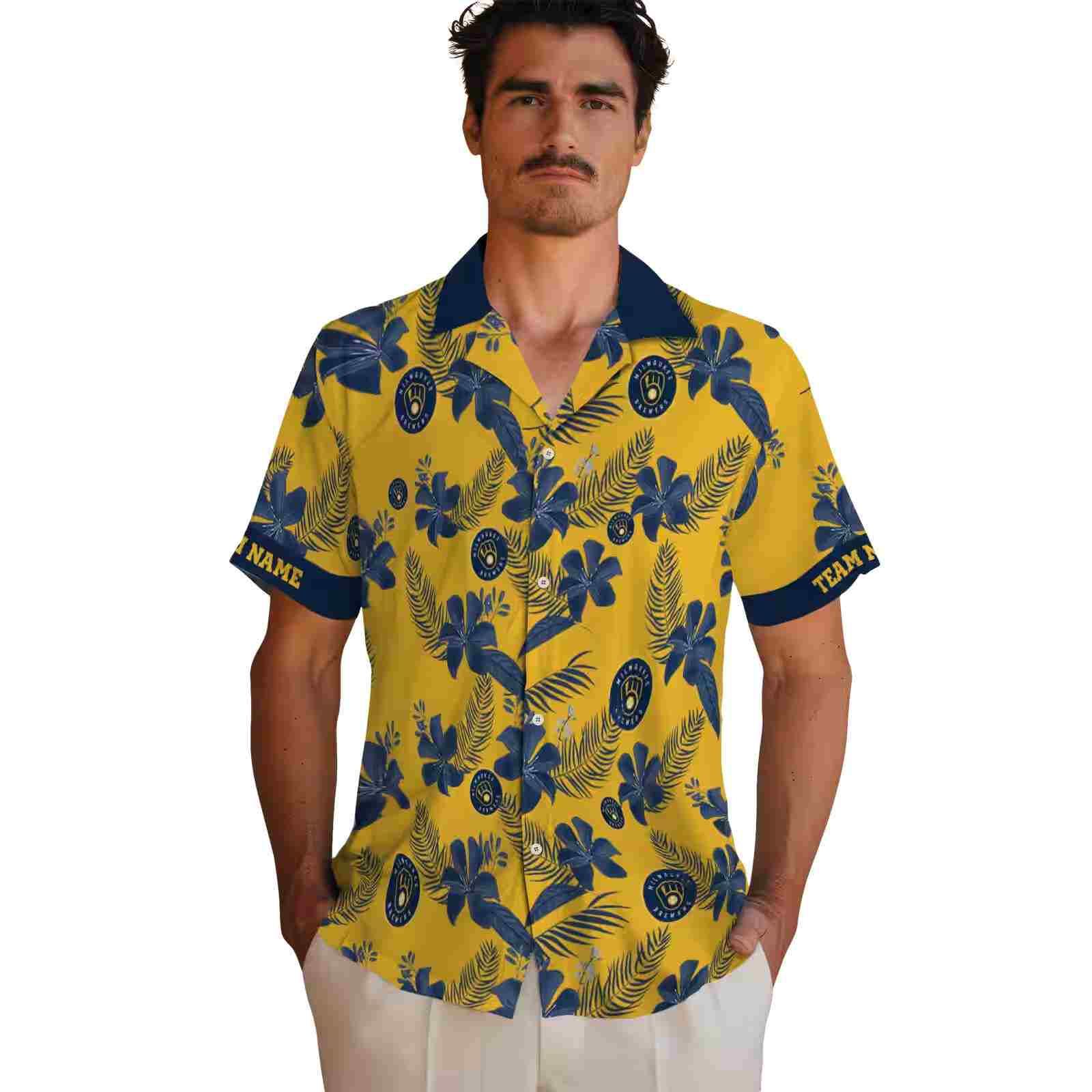 personalized milwaukee brewers botanical print yellow hawaiian shirt fashion forward