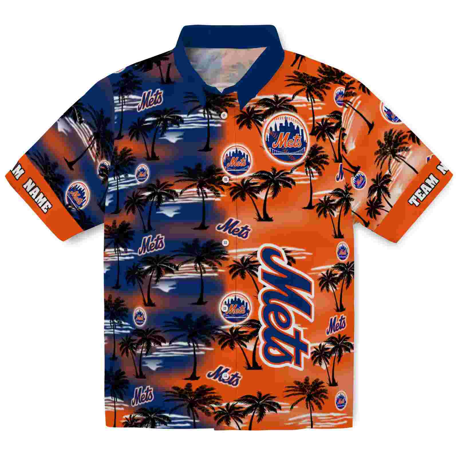 personalized new york mets palm silhouettes blue hawaiian shirt best selling