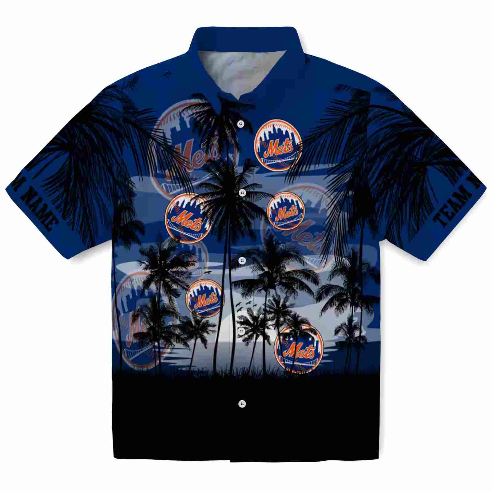 Personalized New York Mets Sunset Scene Blue Black Hawaiian Shirt