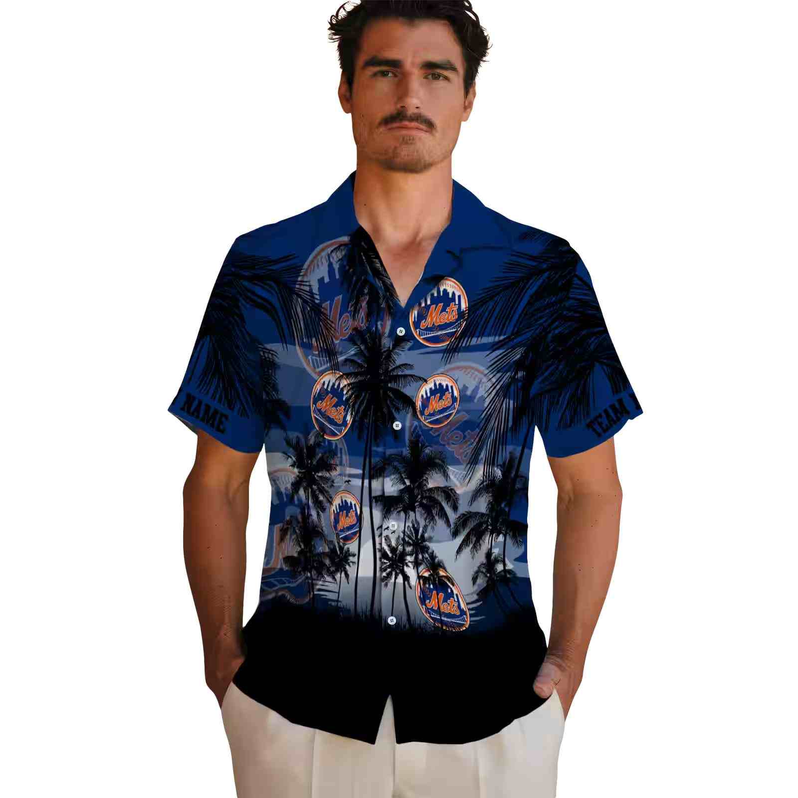 personalized new york mets sunset scene blue black hawaiian shirt fashion forward